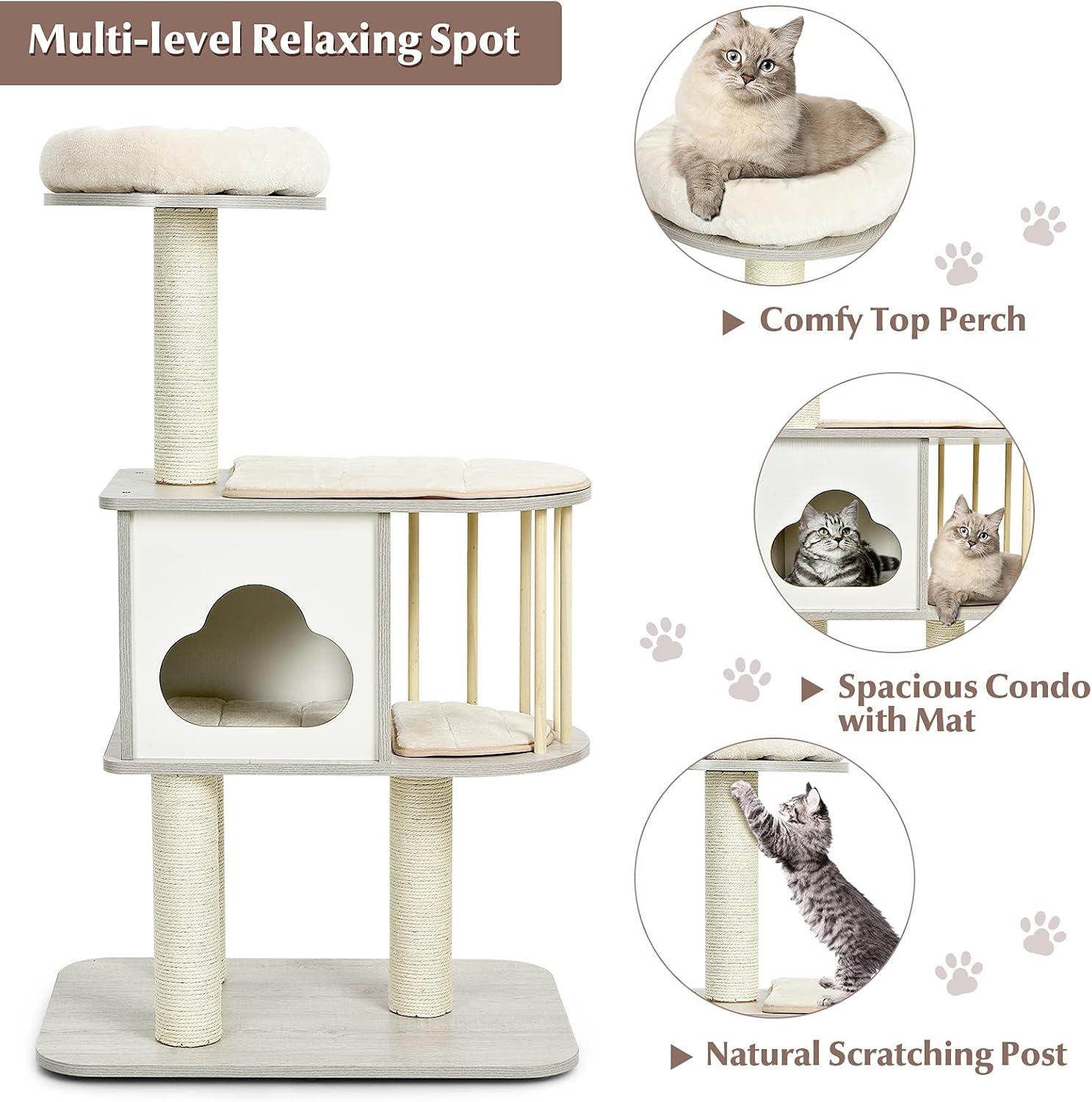 Archie & Oscar™ 46" Modern Wooden Cat Tree With Platform & Washable Cushions For Kittens & Cats