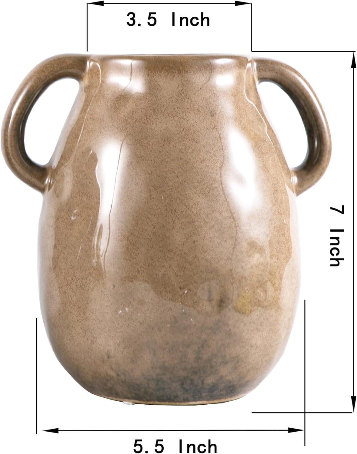 Kimdio Brown Ceramic Vase with 2 Handles, Modern Farmhouse Vase for Home Decor, Vintage Rustic Pottery Vase, Decorative Terracotta Vase, Clay Jug for Living Room Dining Table Shelf