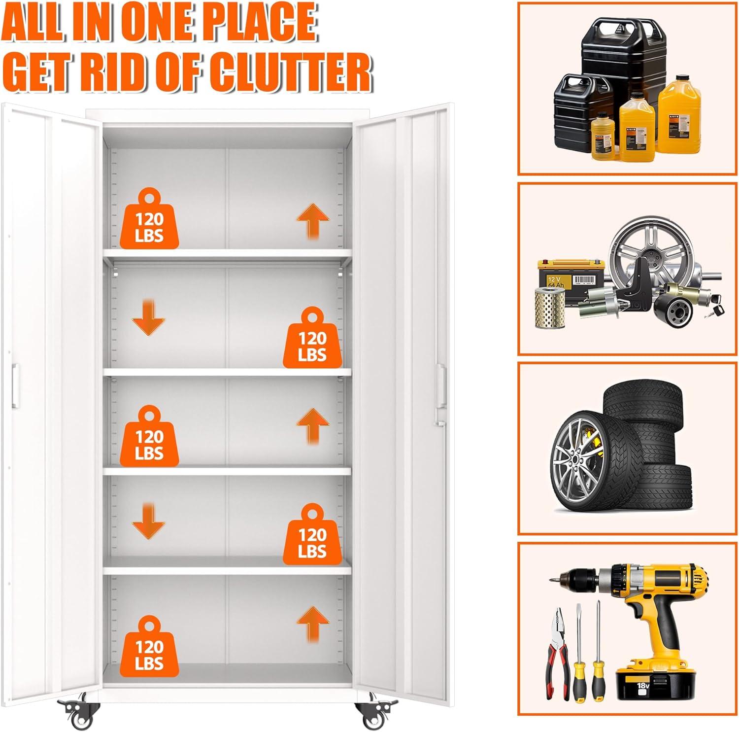 Aobabo Metal Storage Cabinet with Wheels & Pegboards,Office Storage Cabinet with Lock & Shelves,72'' H Steel Garage Cabinet for Office Home Storage,White Required-Assembly