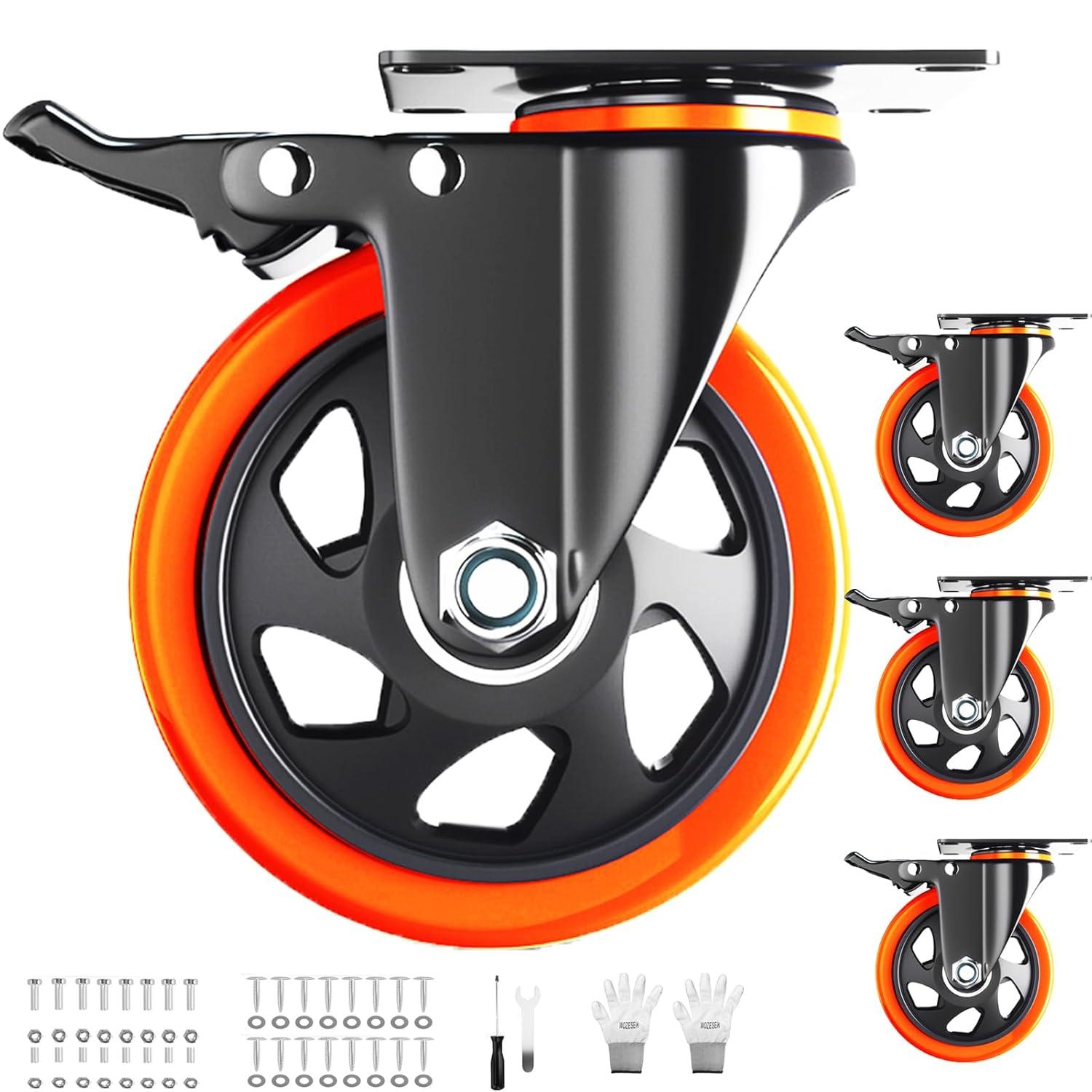 Heavy-Duty 5" Black and Orange Swivel Caster Wheels with Locking Brake