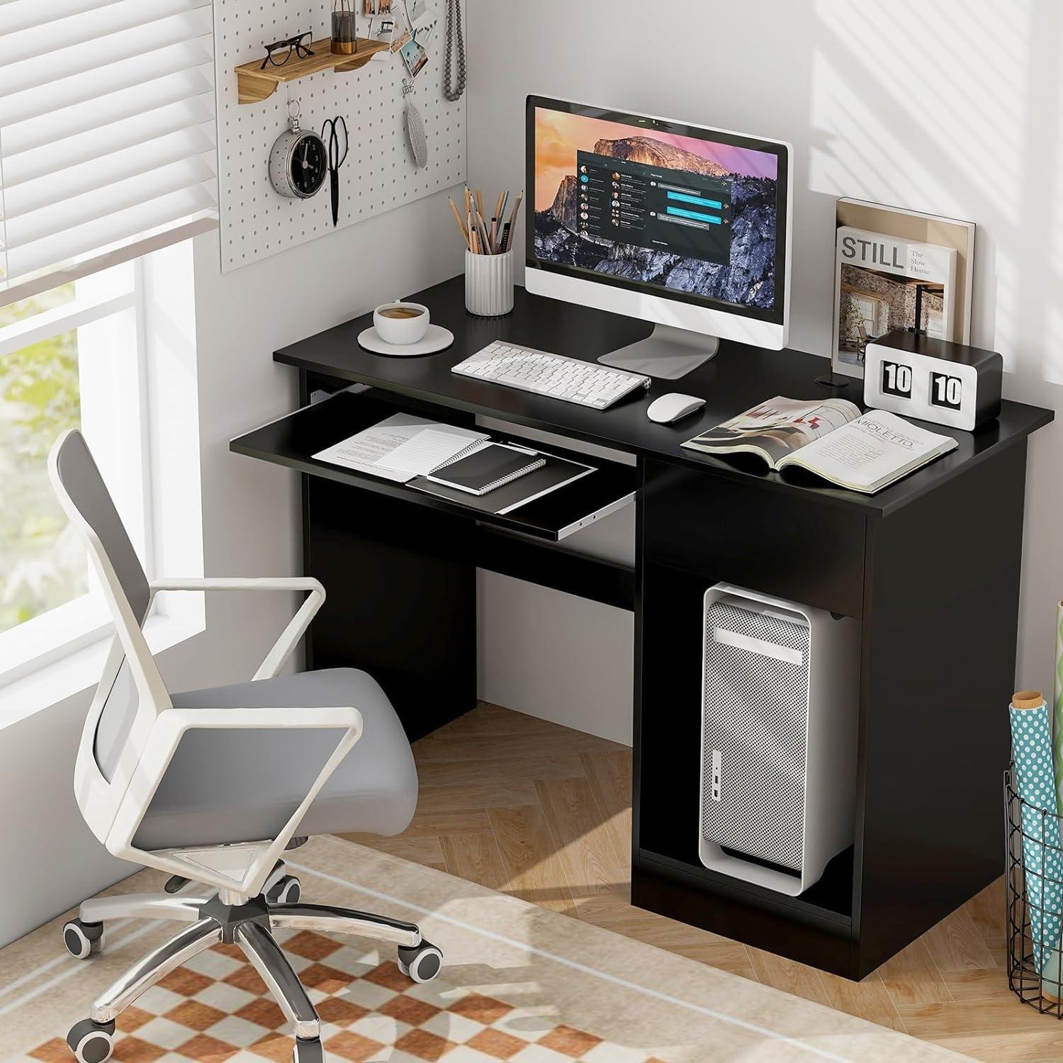 Tangkula Computer Desk w/ Keyboard Tray Large Drawer Home Office Desk w/ Adjustable Shelf & Cable Hole Study Desk