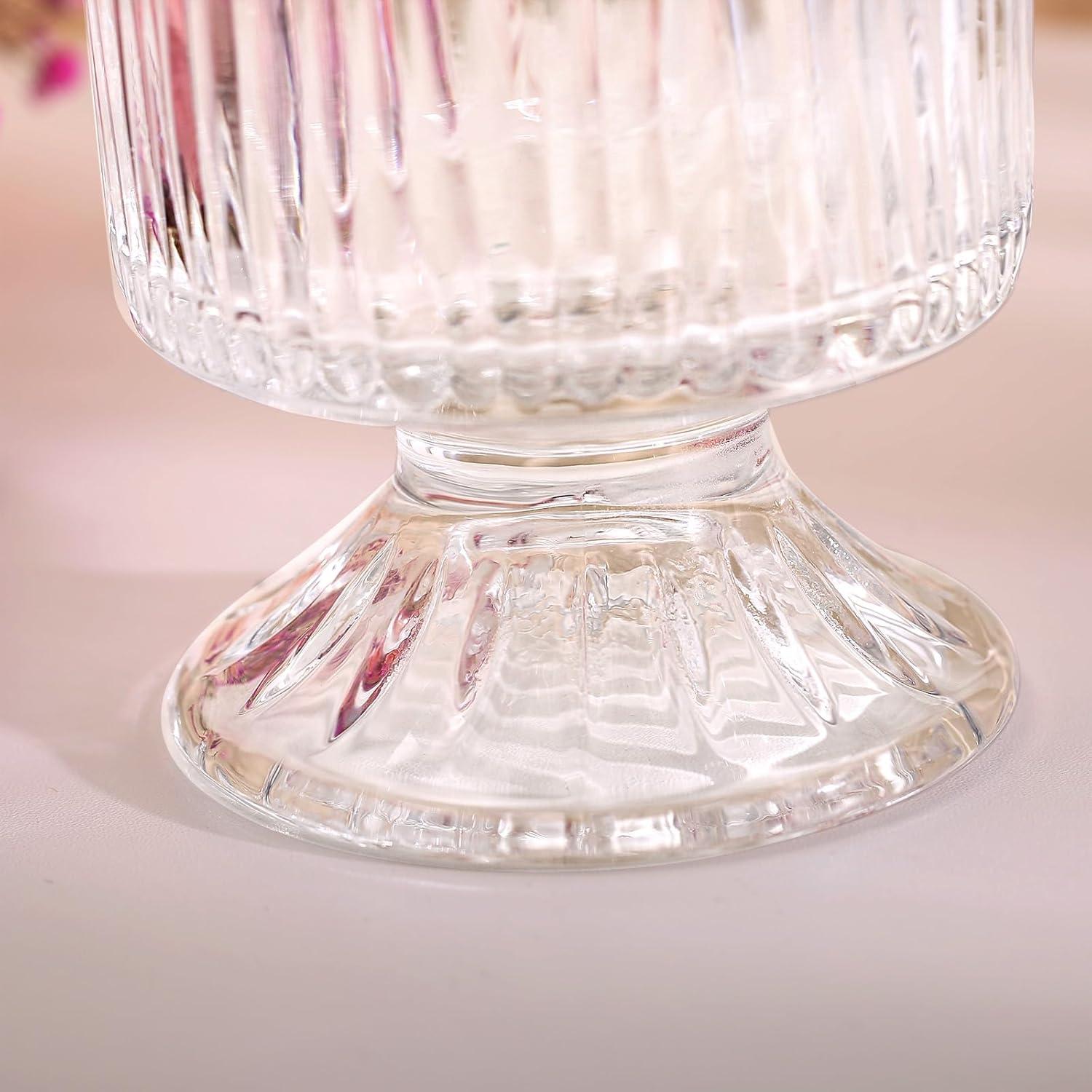 7 Inch Modern Glass Vase with Embossed Ribbed Base - Clear Hydroponic Design for Home Decor, Weddings Party Living Room, Dining Table Floral Arrangement Centerpiece