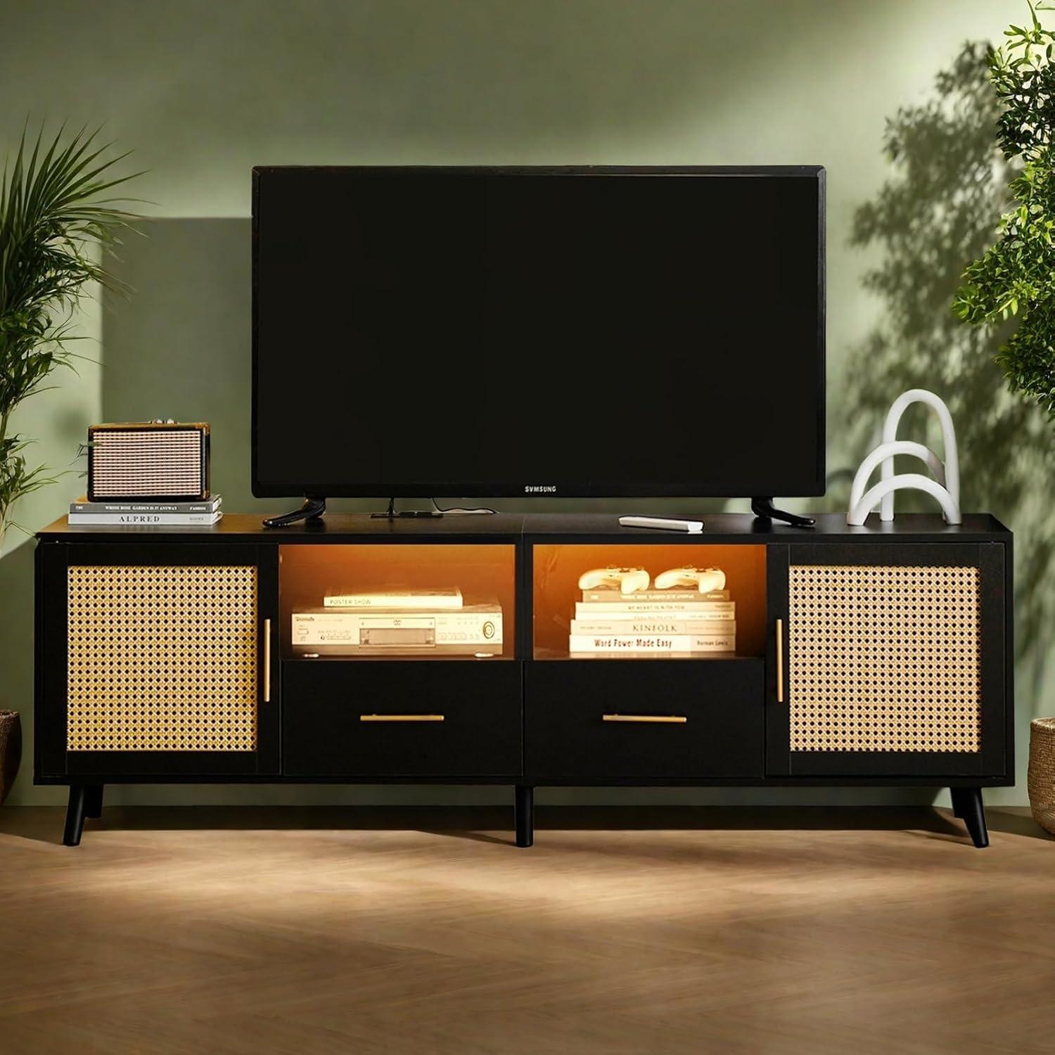Bay Isle Home™ Heyer Large Wood Rattan TV Stand for TVs up to 75" with LED Light and Charging Station, Coastal Media Console Table, Multimedia Storage Furniture with 2 Drawers, Lighting TV Cabinet
