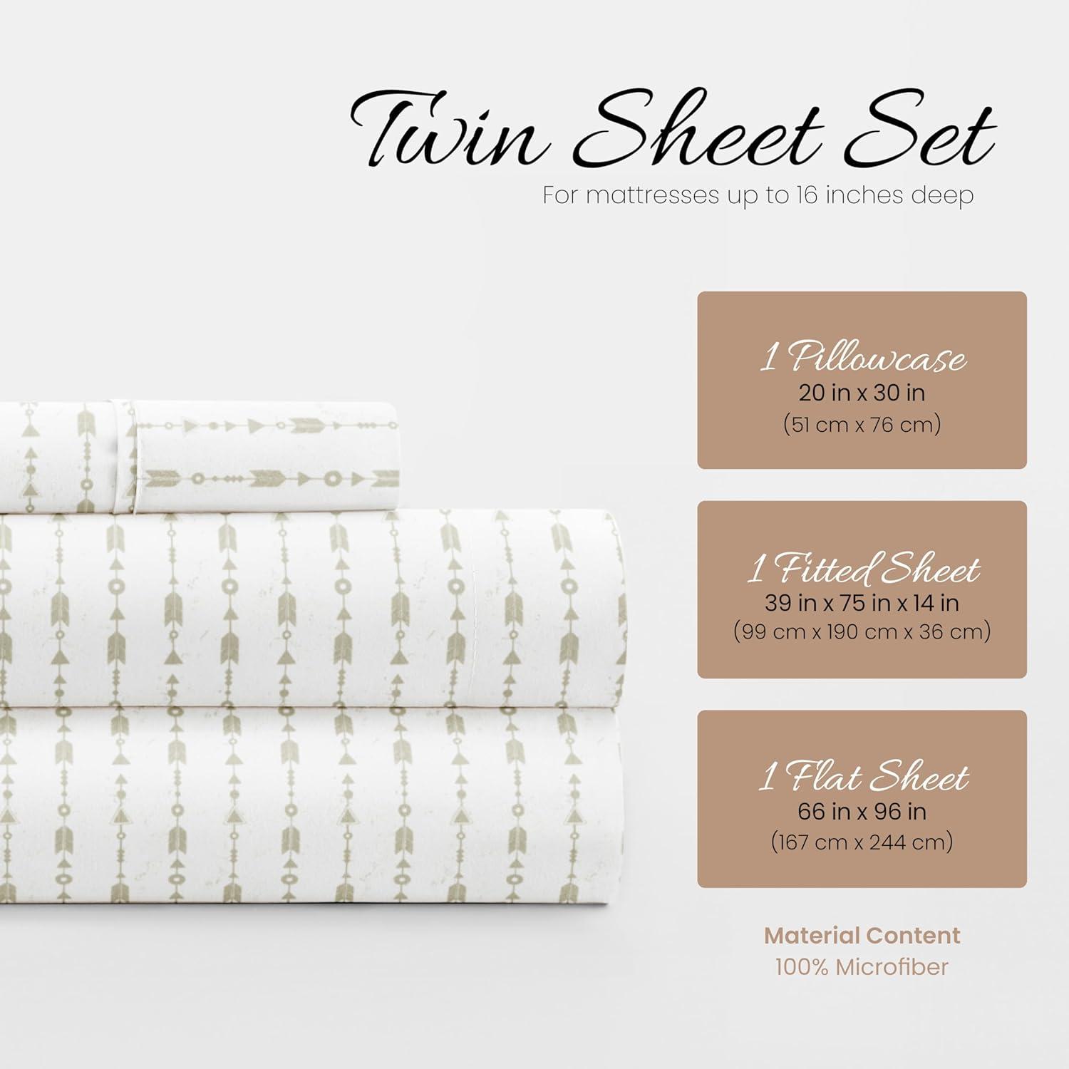 Linen Market Double-Brushed Patterned Microfiber Twin Sheet Set 3 Piece – Oeko-TEX Certified Ultra Soft & Wrinkle-Free - 16" Deep Pocket Sheets - Easy Care Twin Size - Beaded Arrows Sage