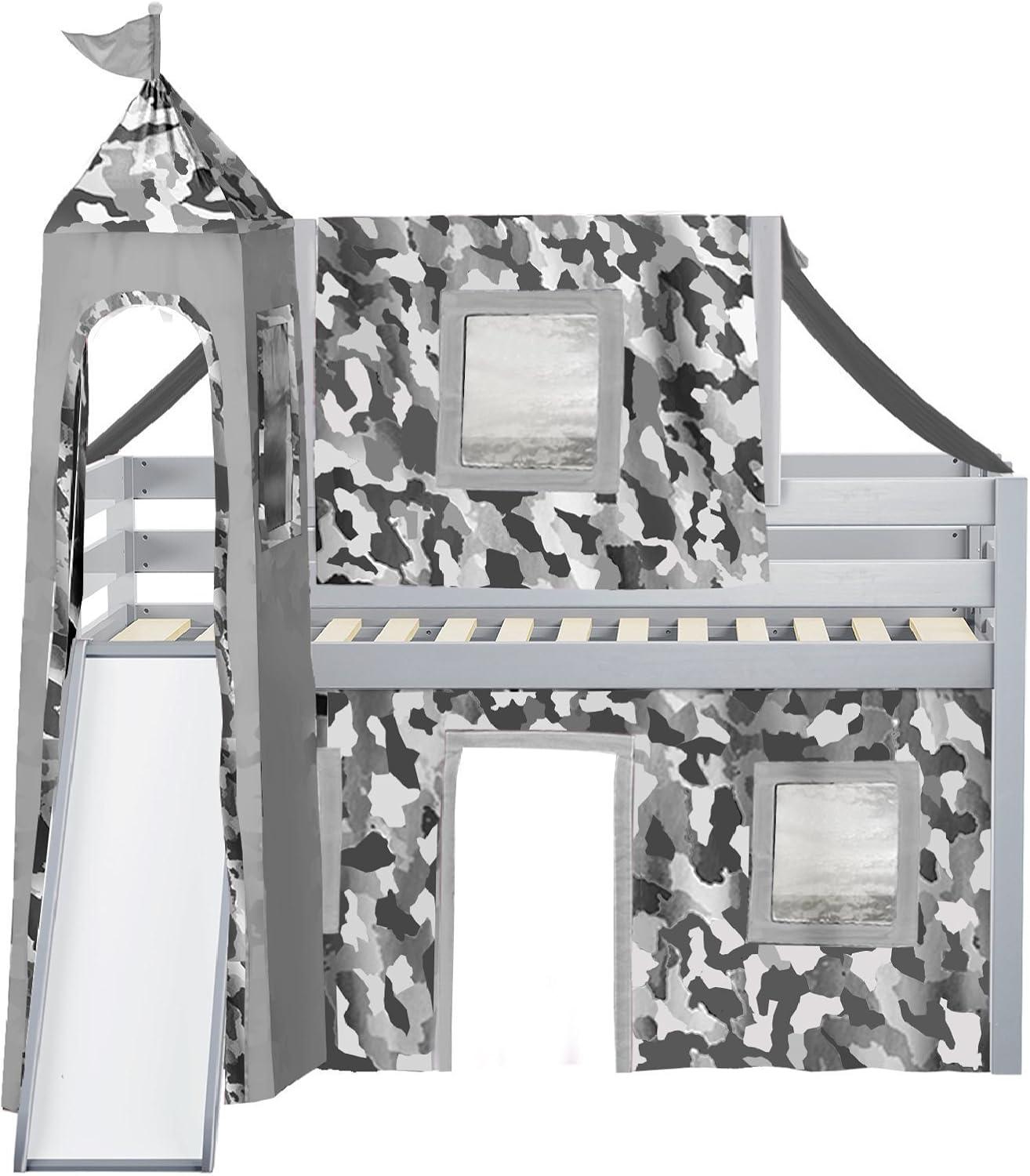 Jackpot Castle Low Loft Bed with Slide Gray Camo Tent and Tower, Twin, Gray