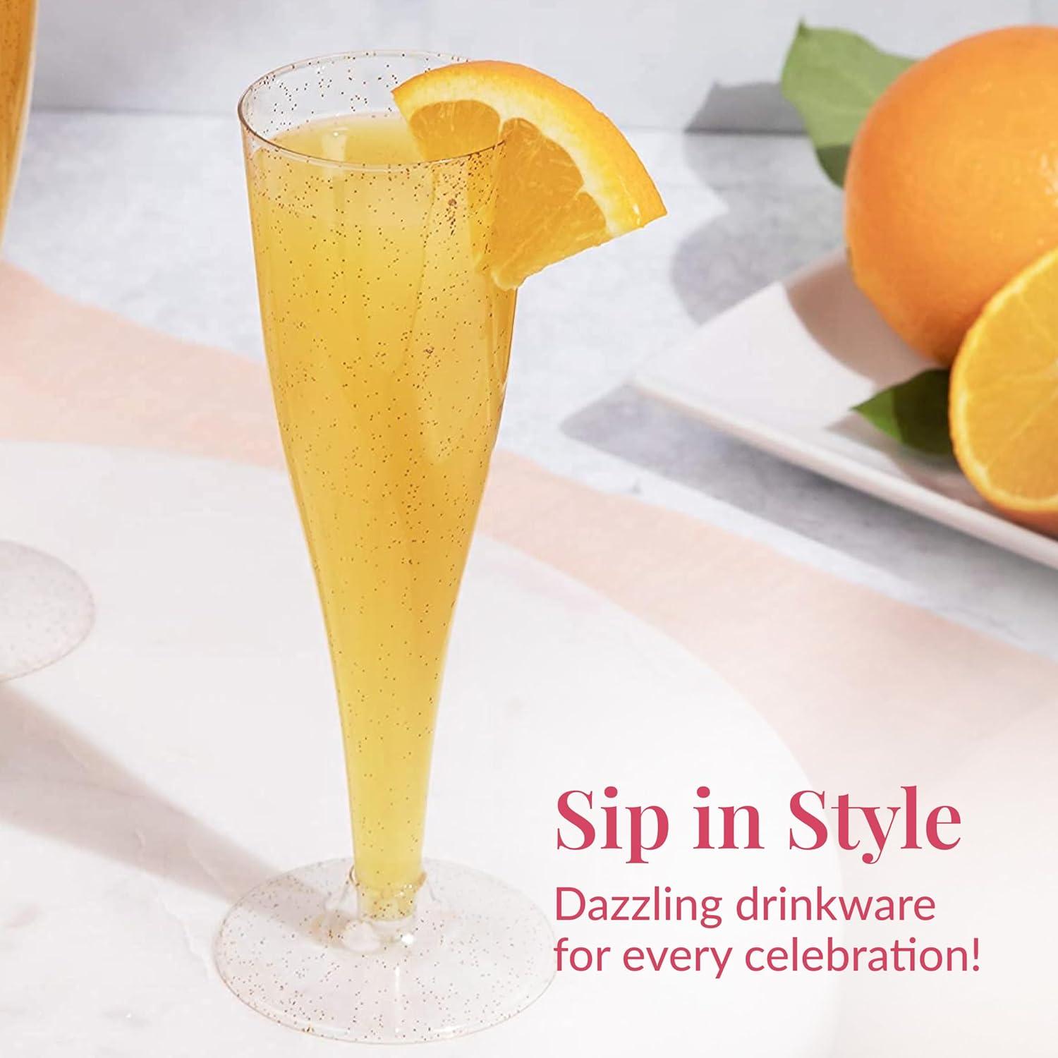 Prestee 24 Champagne Flutes Disposable, Gold Rim Glitter Plastic Cups