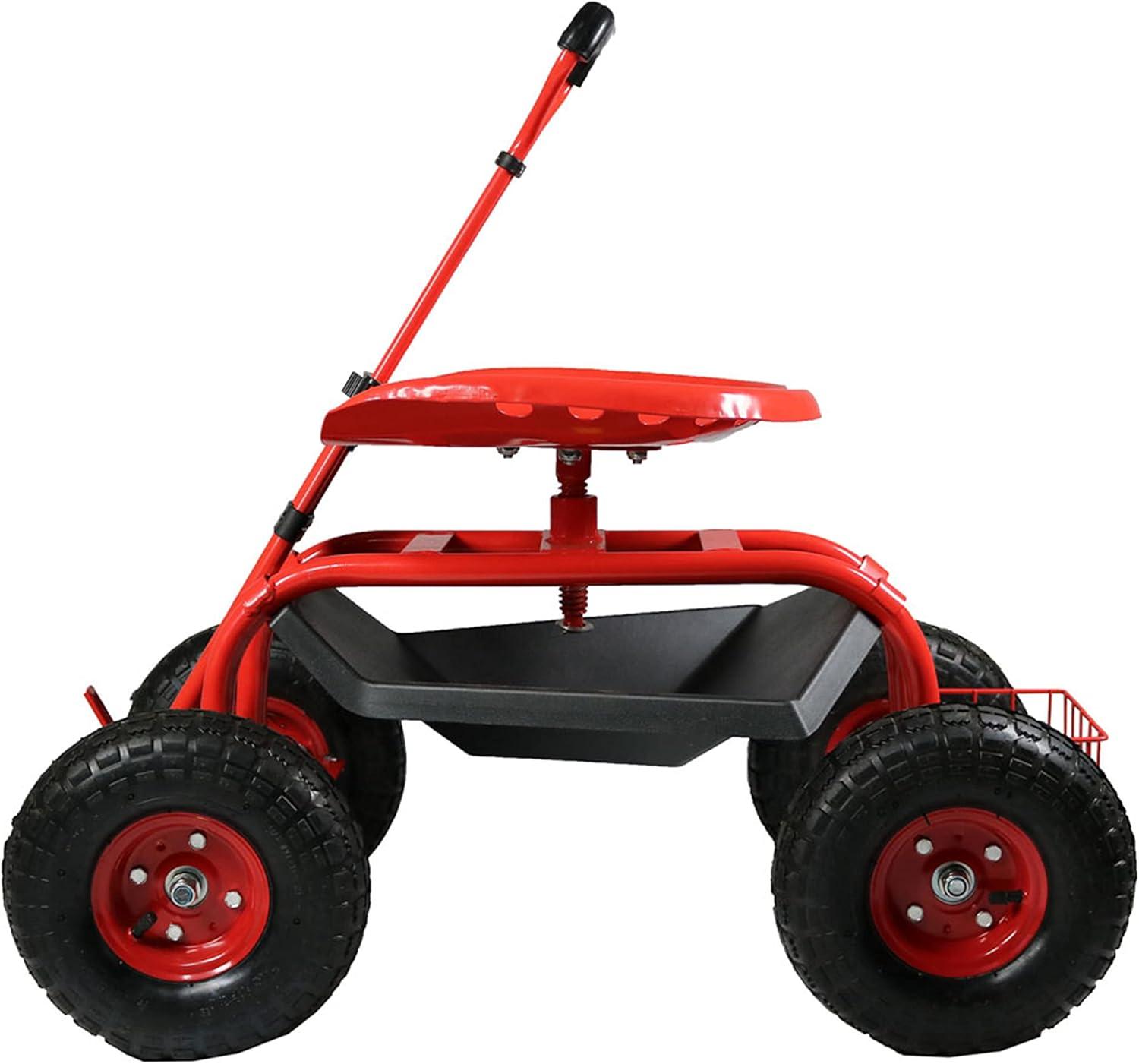 Sunnydaze Outdoor Heavy-Duty Steel Rolling Gardening Cart with Extendable Steer Handle, Swivel Chair, Tool Tray, and Basket - Red