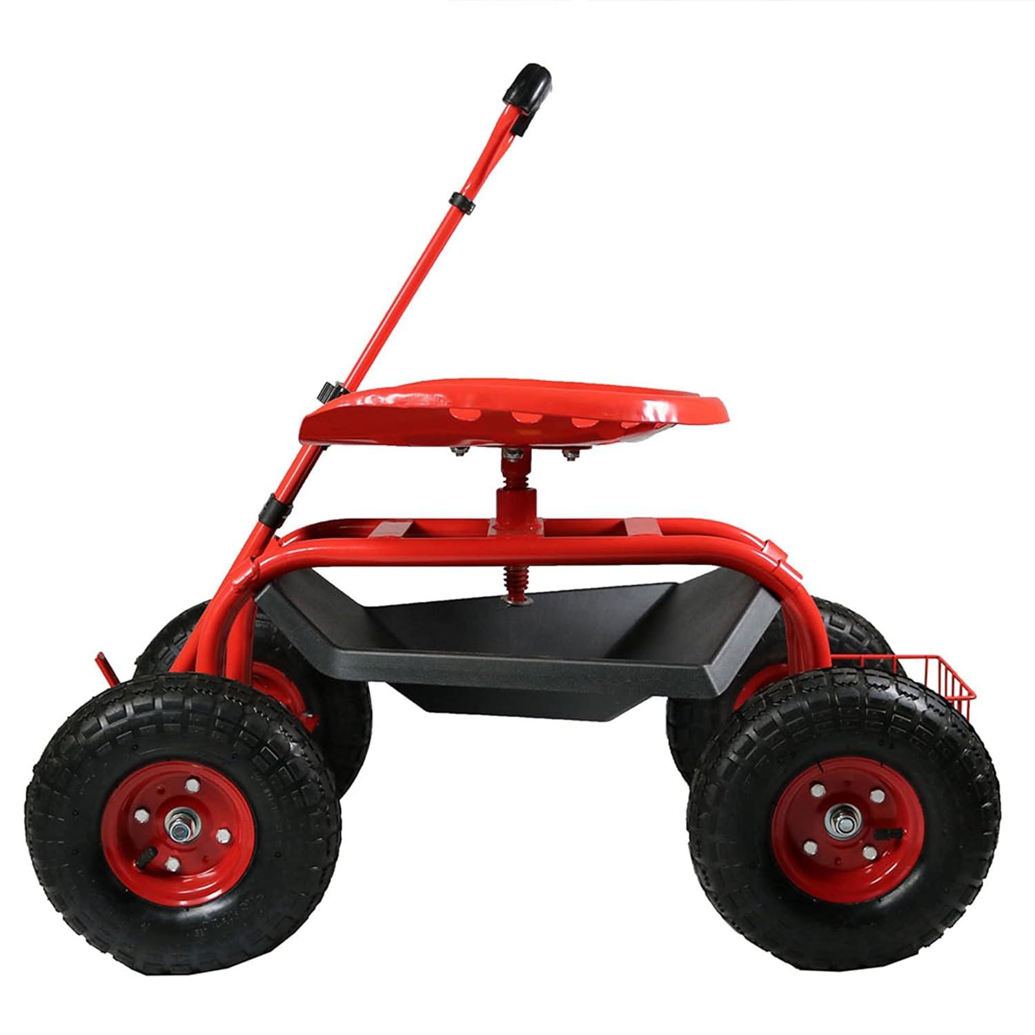 Sunnydaze Outdoor Heavy-Duty Steel Rolling Gardening Cart with Extendable Steer Handle, Swivel Chair, Tool Tray, and Basket - Red