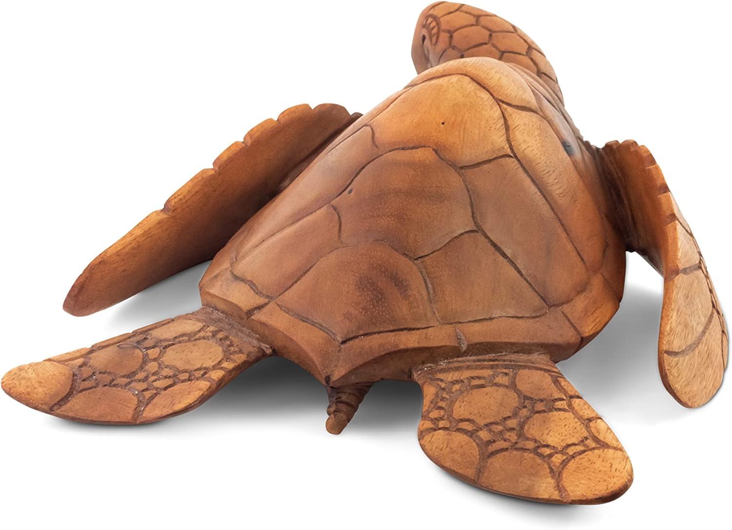 Handcrafted Mahogany Suar Wood Sea Turtle Sculpture, 12"