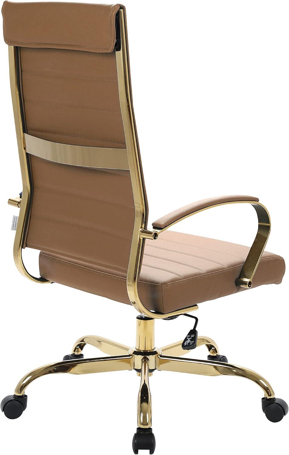 LeisureMod Benmar High-Back Leather Office Chair With Gold Frame in Light Brown