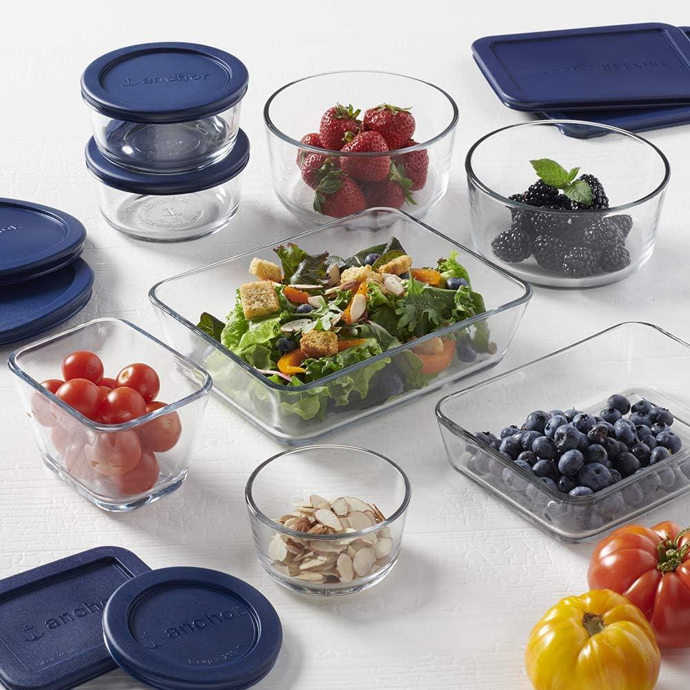 16 Piece Glass Food Storage Containers with Navy Blue Lids