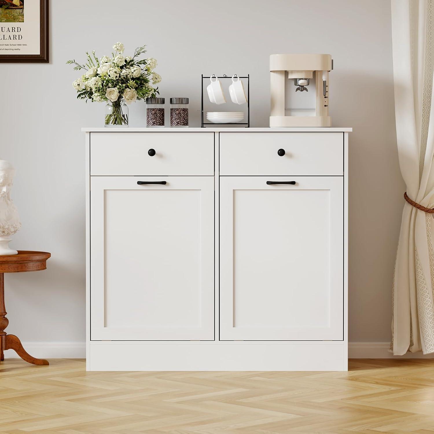 White Wooden Double Tilt-Out Trash Can Cabinet