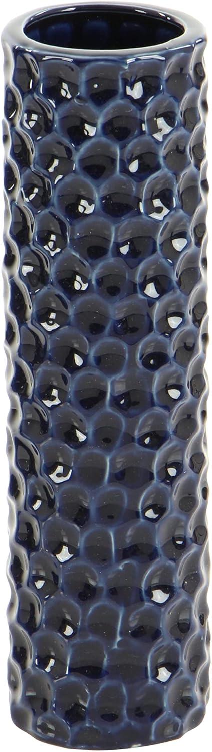 DecMode 3"W, 12"H Dark Blue Ceramic Vase with Varying Patterns, Set of 3