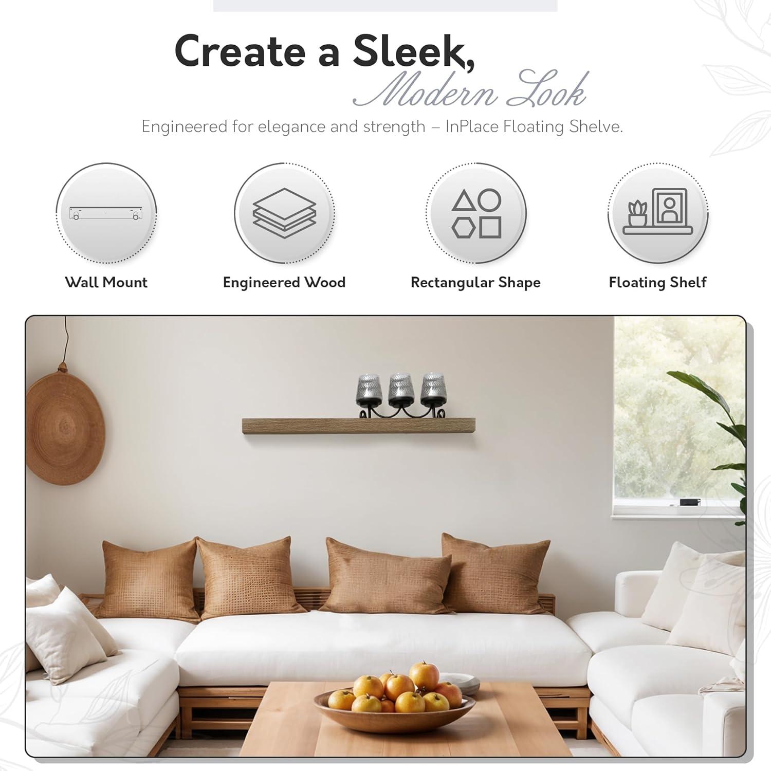 InPlace 24" Floating Shelf Wall Mounted Hidden Brackets Rustic Wood: Modern Design, MDF, Smooth Finish, Includes Mounting Hardware