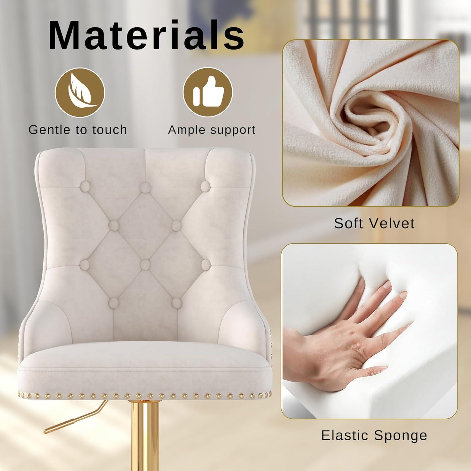 Bar Stools Set of 2, Swivel Barstools with Nailheads Trim, Velvet Button Tufted Back and Golden Footrest, Adjustable Counter Height Bar Stools for Kitchen Counter,Home Bar,Pub, Beige