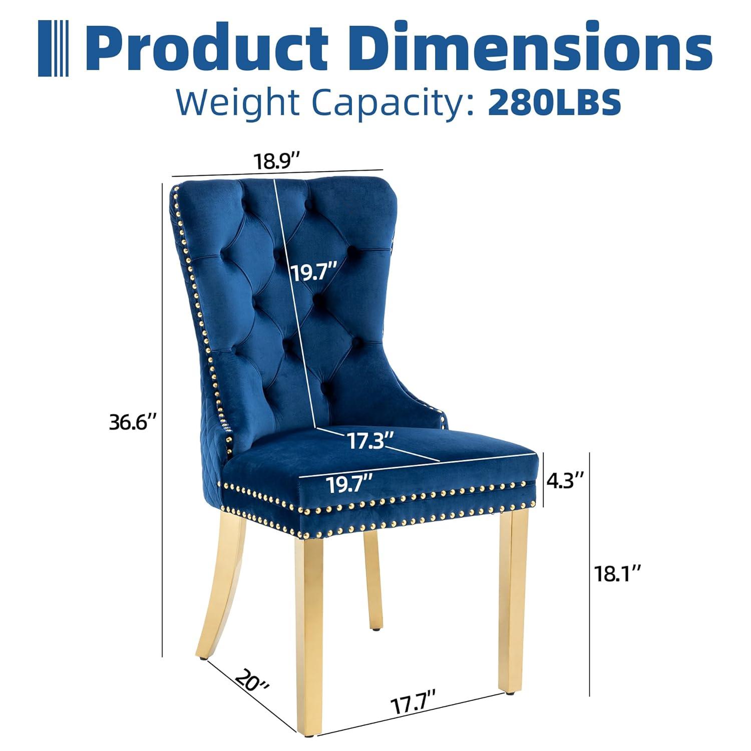 Velvet Upholstered Dining Chairs, Set of 2, Dining Room Tufted Chair, Modern Button Tufted Armless Chairs with Nailhead Trim and Back Ring Pull, Gold Legs, for Dining Room, Kitchen, Navy