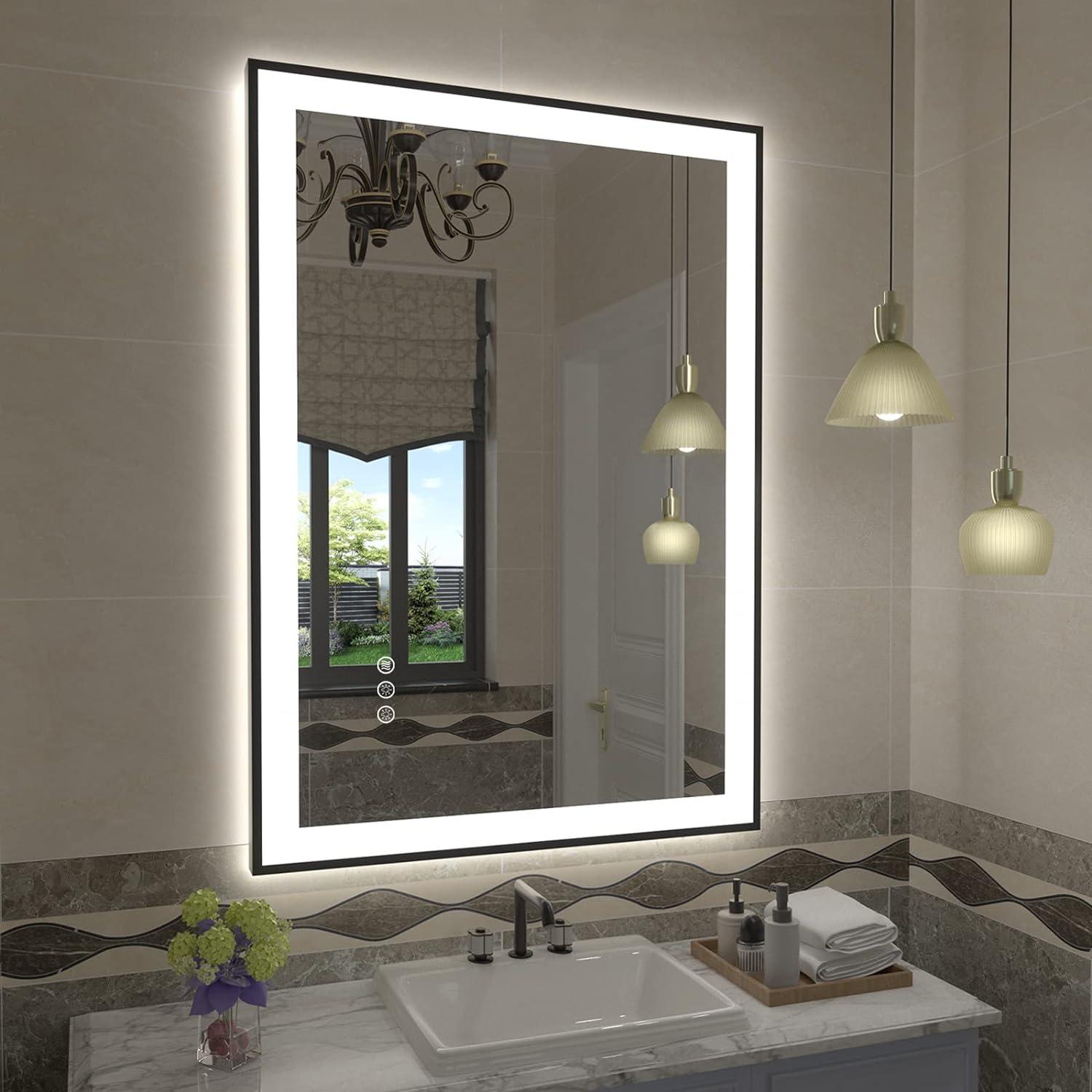 Black Framed LED Vanity Mirror with Anti-Fog and Dimmable Lights