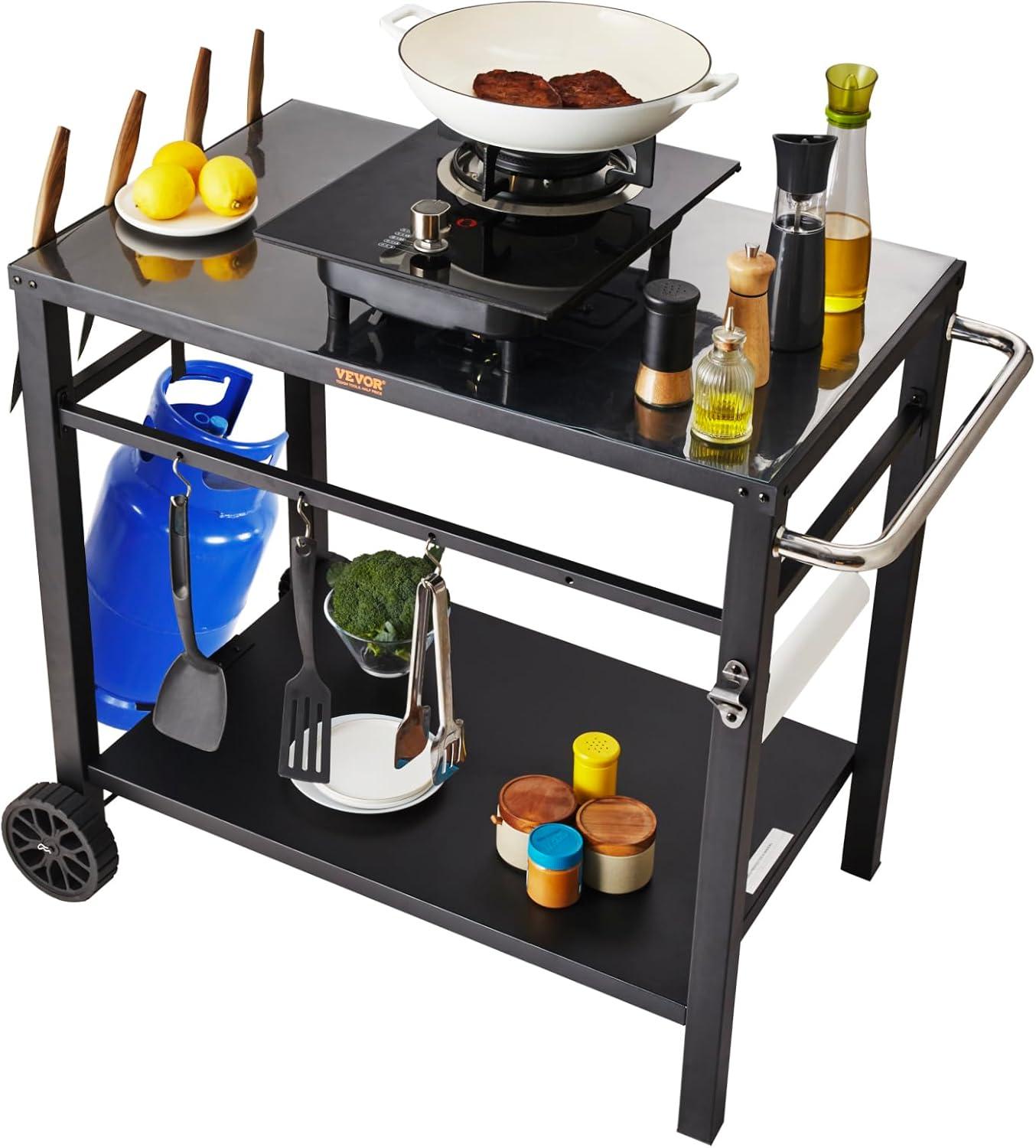 Outdoor Grill Dining Cart with Double-Shelf, BBQ Movable Food Prep Table, Multifunctional Iron Table Top, Portable Modular Carts for Pizza Oven, Worktable with 2 Wheels, Carry Handle, Black