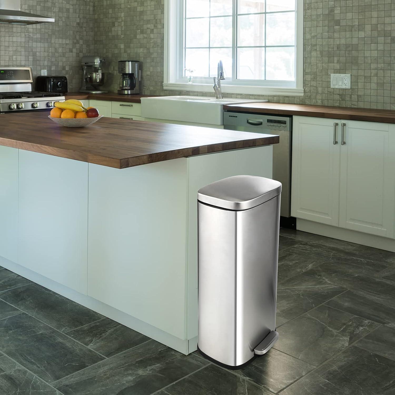 Brushed Stainless Steel 8 Gallon Step Trash Can with Soft-Close Lid