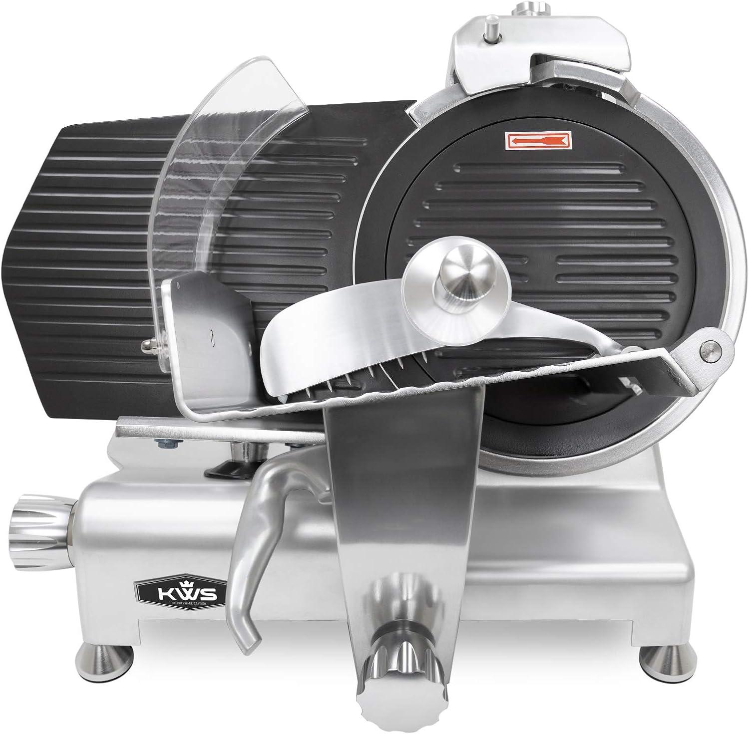 KWS MS-12ET Metal Collection Commercial 420W Electric Meat Slicer 12-Inch with Non-sticky Teflon Blade & Extended Back Space, Frozen Meat/Cheese/Food Slicer Low Noises Commercial and Home Use