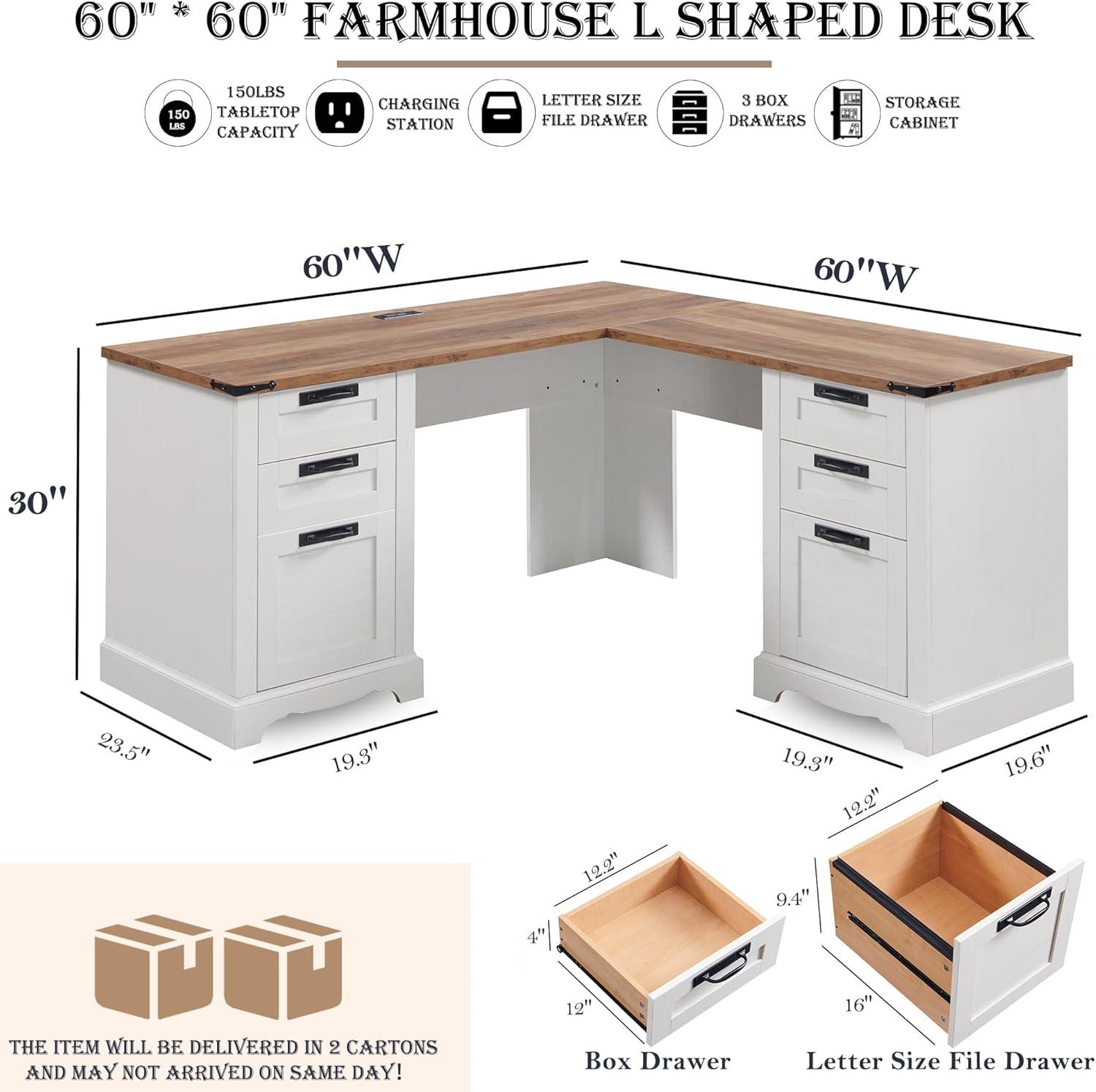 Danolapsi 60" Farmhouse L Shaped Executive Desk with Drawers,Home Office Desk with File Drawers and Storage Cabinet,Corner Computer Desk with Adjustable Side Storage Cabinet,Computer Writing Desk