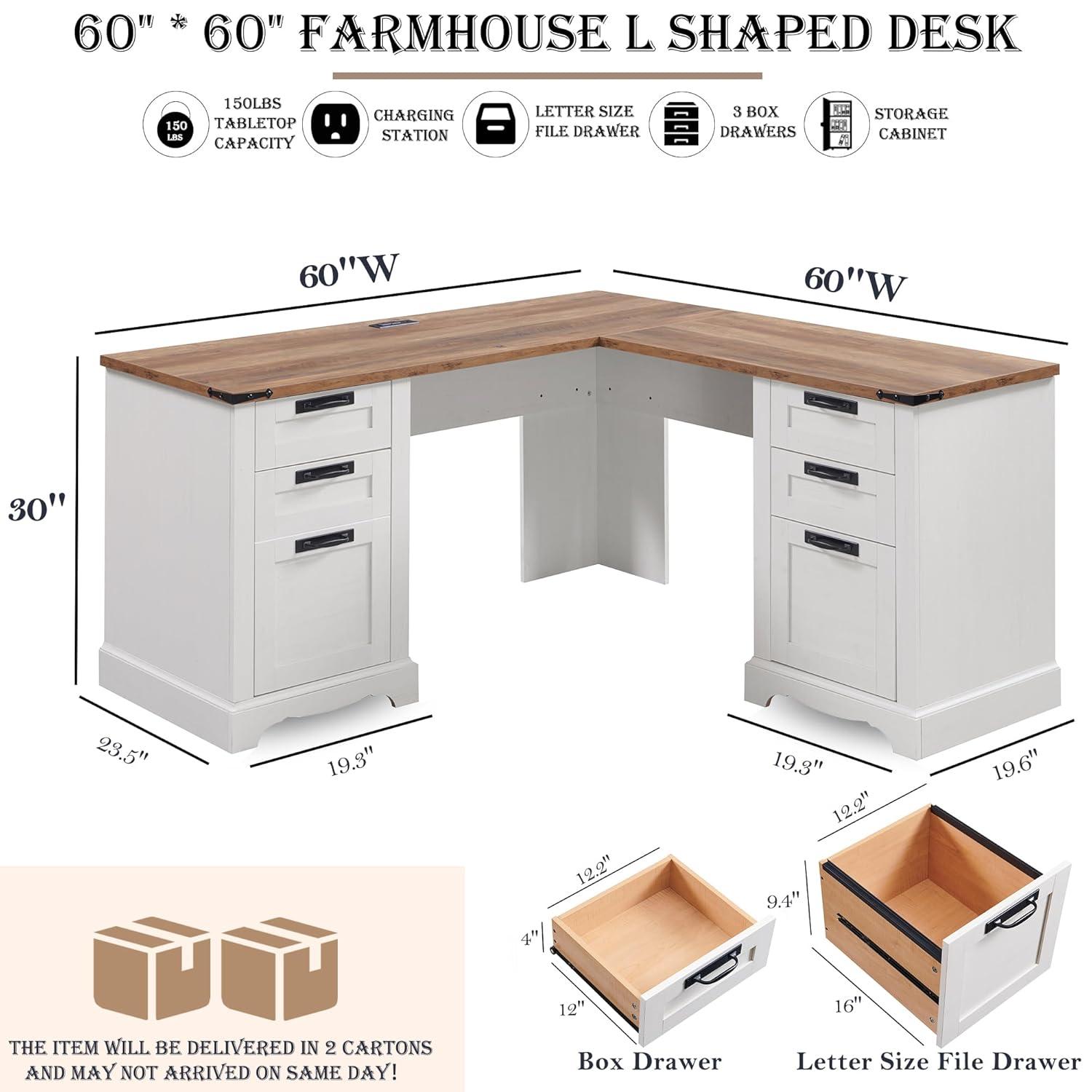 Danolapsi 60" Farmhouse L Shaped Executive Desk with Drawers,Home Office Desk with File Drawers and Storage Cabinet,Corner Computer Desk with Adjustable Side Storage Cabinet,Computer Writing Desk