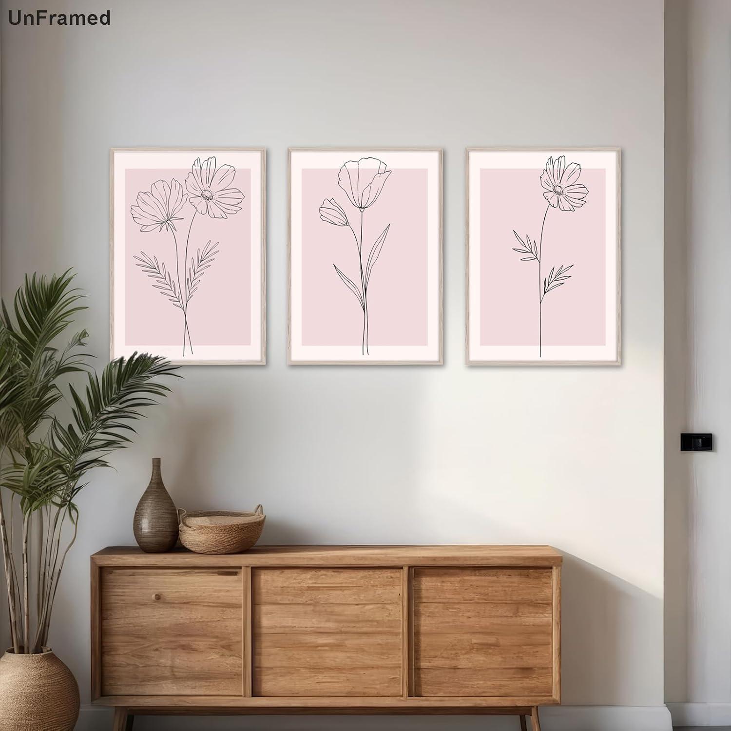 Lark Manor™ 3 Pieces Minimalism Botanical Canvas Wall Art Pink Flowers Line Plants Pictures Wall Decor Posters Print Artwork For Room Living Room Bedroom Bathroom Office Home Decoration