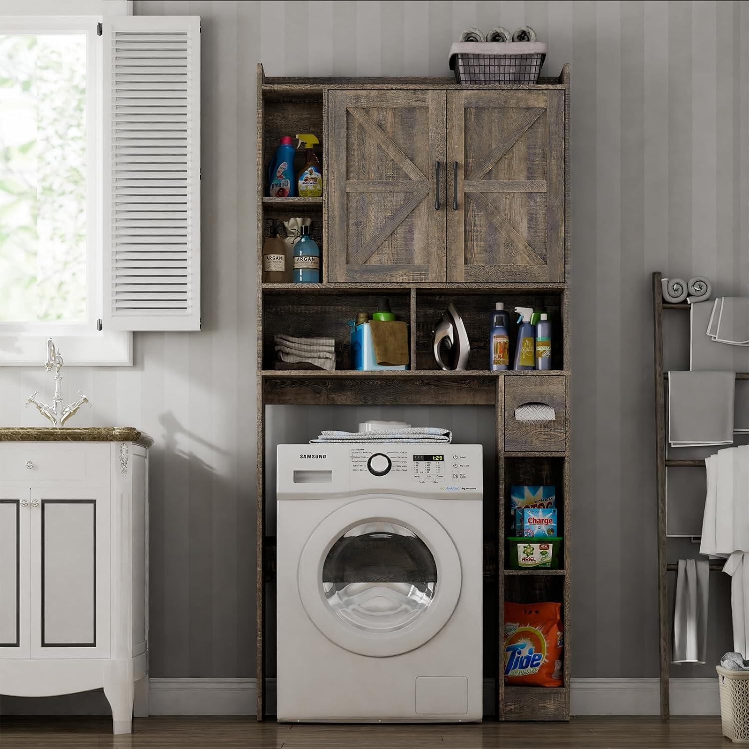 Dark Gray Farmhouse Over-The-Toilet Storage Cabinet with Barn Doors