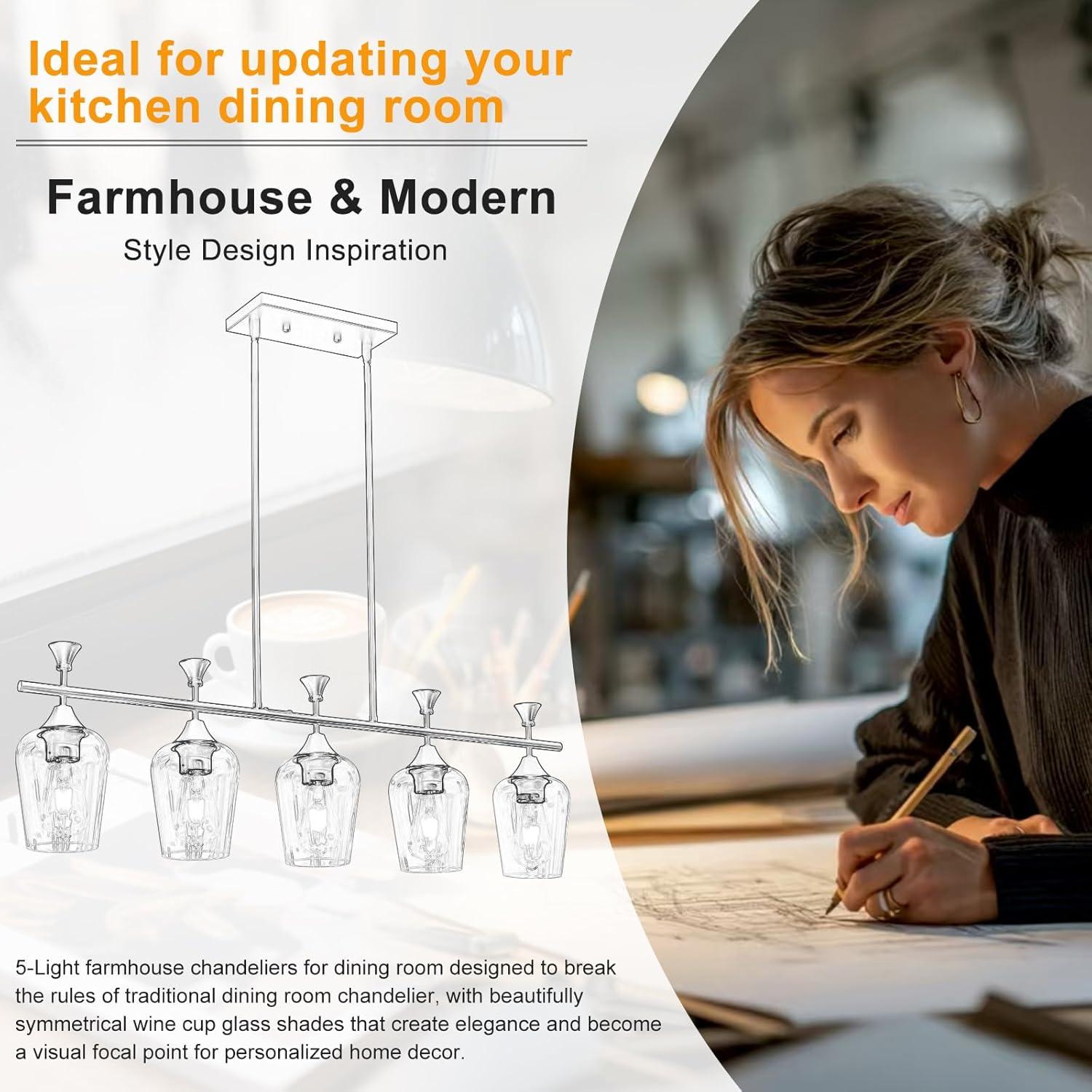 Black Farmhouse Chandelier, 5-Light Island Lights for Kitchen in Metal Finish with Clear Glass Shades, 37" Dining Room Chandelier, Linear Pendant Lighting for Foyer, Bar, Pool Table