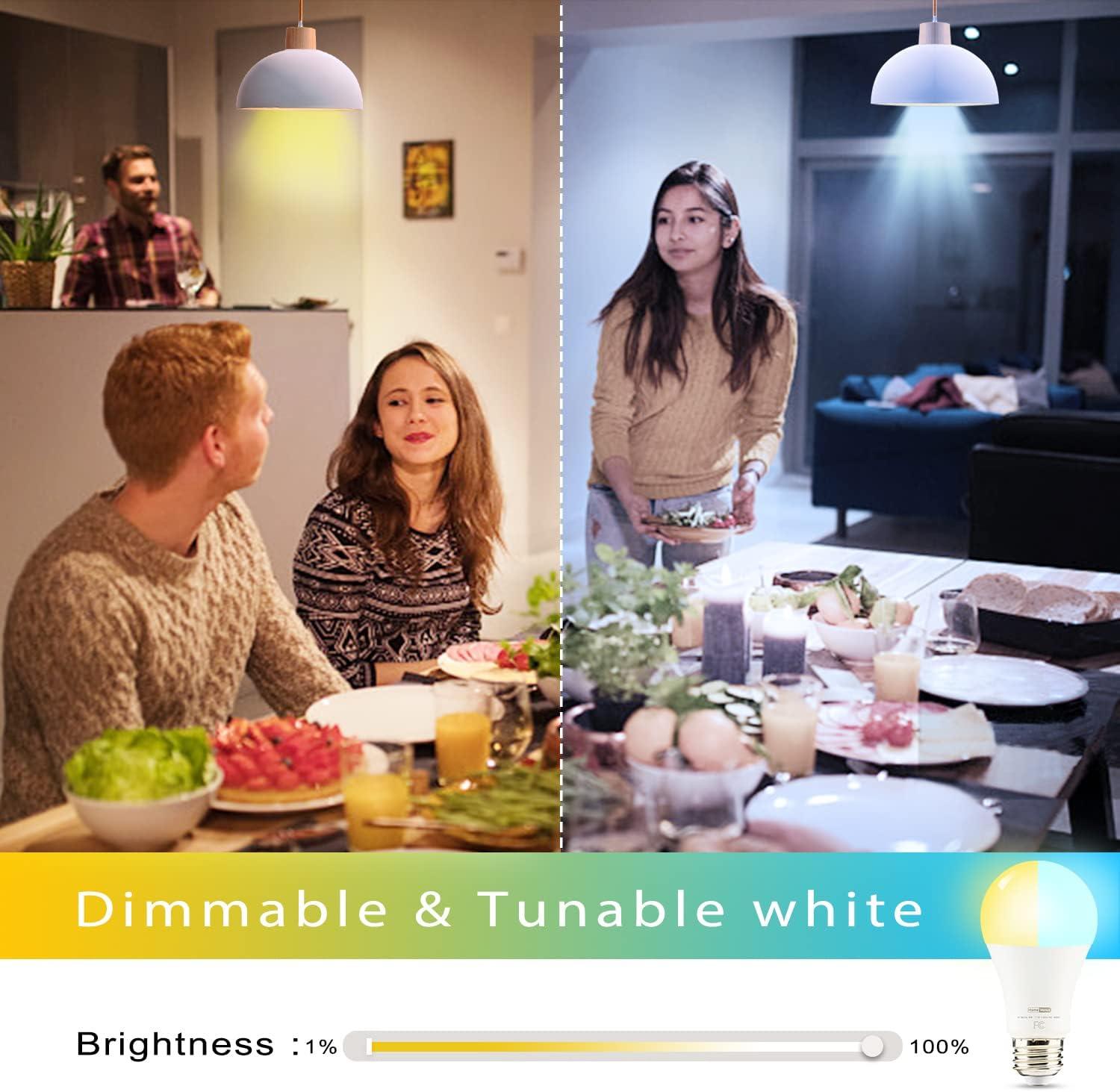 Homevenus HVS Smart Light Bulbs,9W A19 E26 Dimmable Tunable Cool Warm White LED Light Bulb 2500k-6500k, APP Control 2.4GHz WiFi Bluetooth Assist Connection, Work with Alexa/Google Assistant 1 Pack