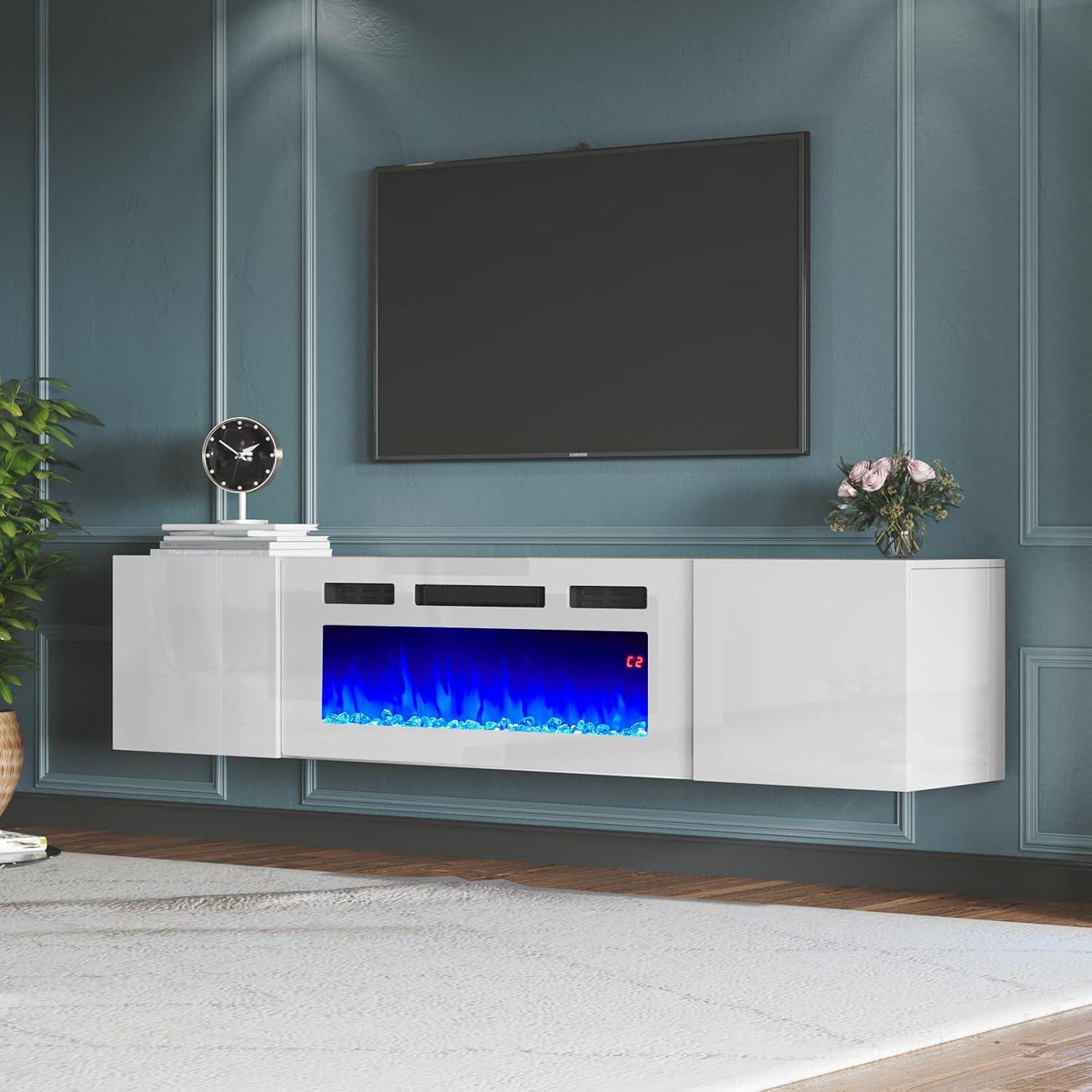 White Gloss Floating TV Stand with Electric Fireplace