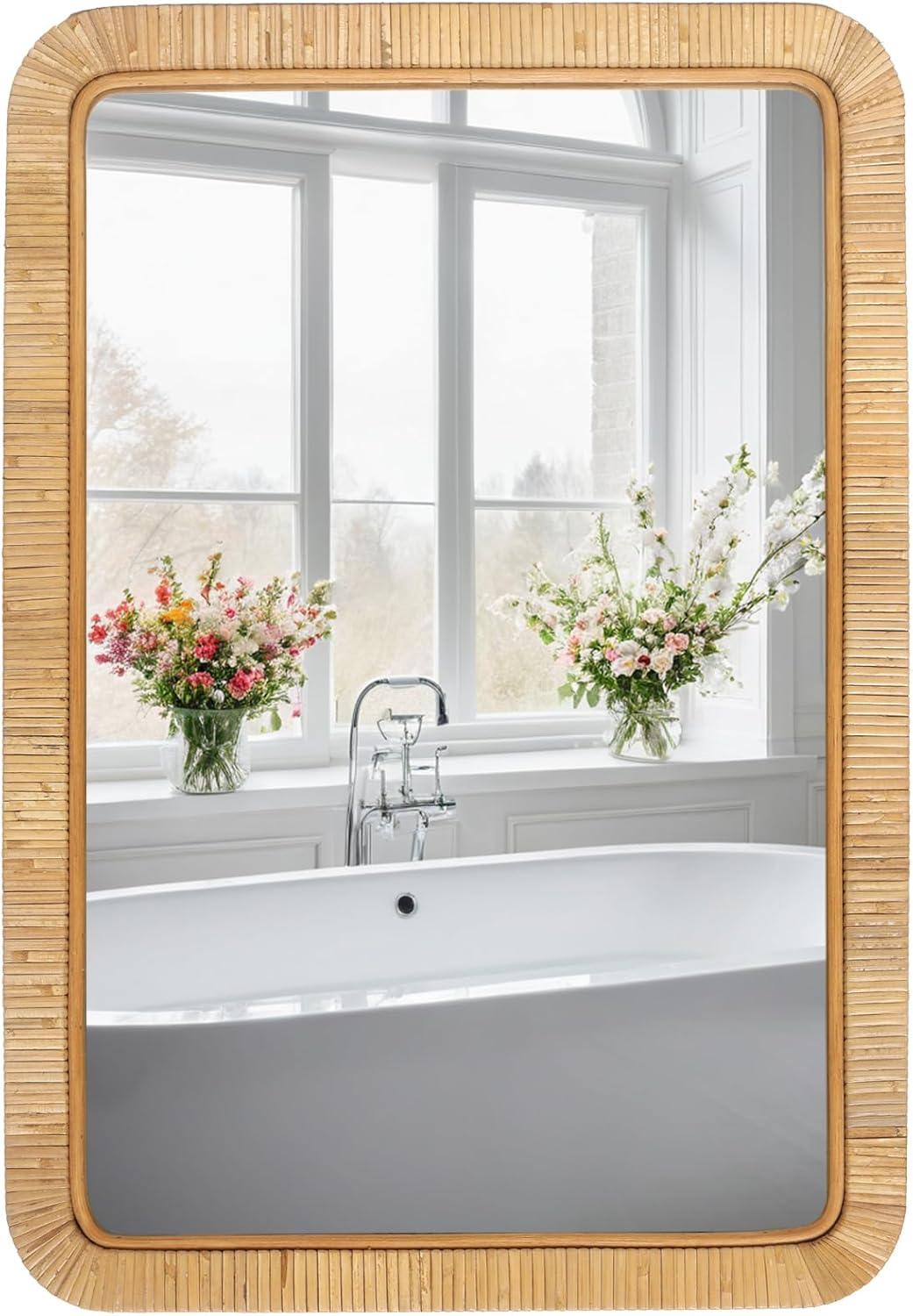 Barnyard Designs Rattan Bathroom Mirror – Rustic Farmhouse Style Handmade Wicker Rattan Frame - Boho Mirror for Nursery Wall Décor (20" x 30", Rectangular)