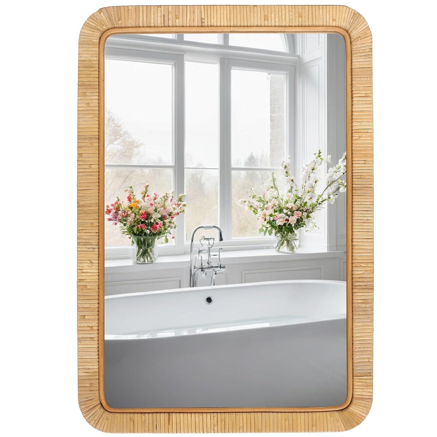 Barnyard Designs Rattan Bathroom Mirror – Rustic Farmhouse Style Handmade Wicker Rattan Frame - Boho Mirror for Nursery Wall Décor (20" x 30", Rectangular)
