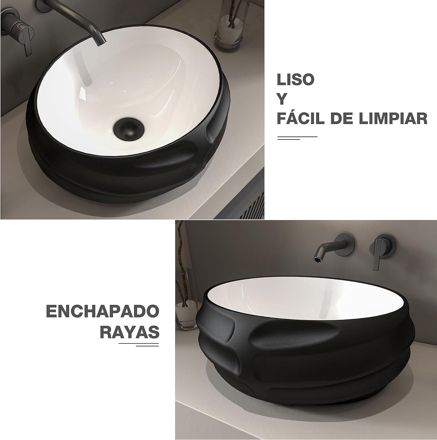 MEJE 18 Inch Oval Art Basin with Embossed Pattern, Matte Black Color, Countertop Bathroom Vessel Sink, Above Counter Porcelain Ceramic Vanity Sink (Include pop up drain)