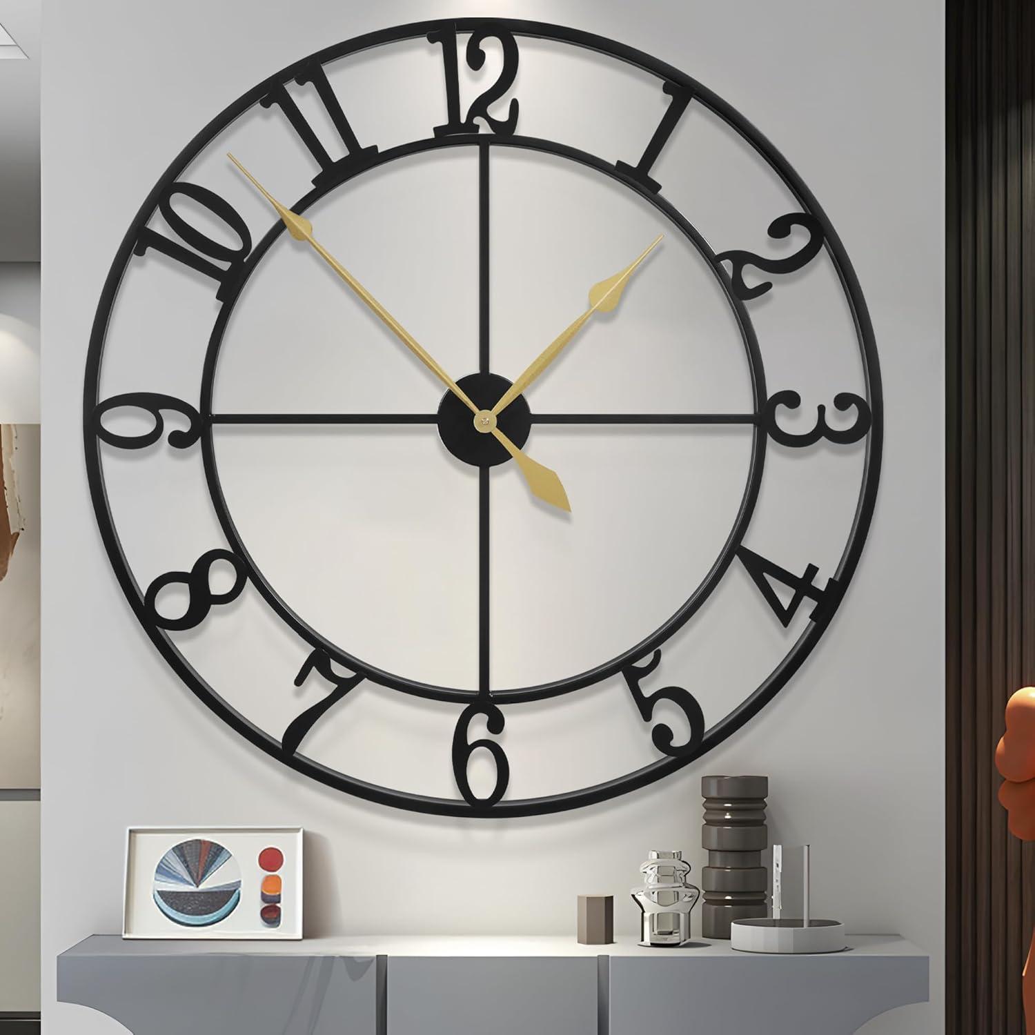 Large Vintage Round Metal Wall Clock Silent Non Ticking Battery Operated Black Roman Numerals Clocks For Living Room Bedroom Kitchen Decoration