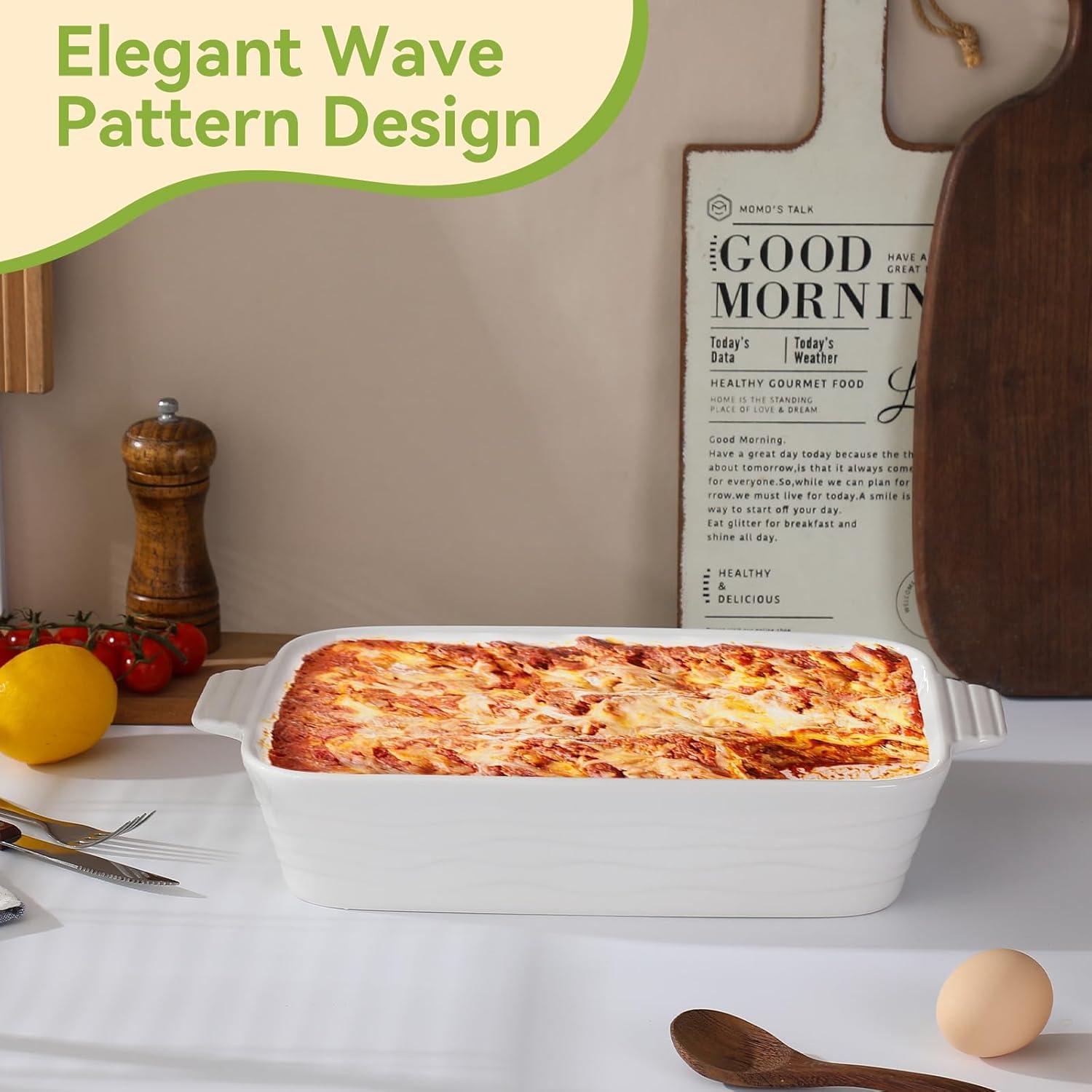 Baking Dish for Oven Casserole Dishes Bakeware Set With Ramekin Ceramic Lasagna Pan 9×12.8 Inch Large Deep Baking Dishes Rectangular Non-Stick Baking Pans for Kitchen Baking and Roasting White
