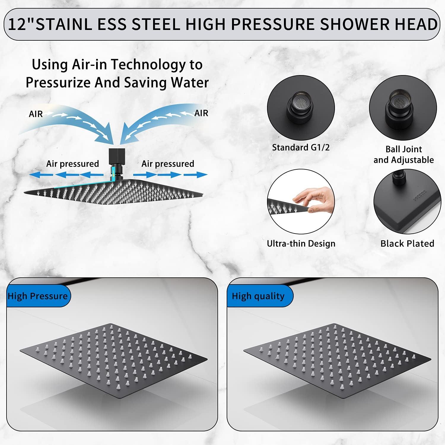 12-Inch Black Stainless Steel Square Rain Shower Head