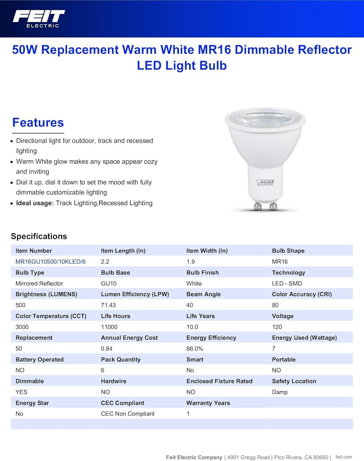 FEIT MR16GU10500/10KLED/6 500 Lumens 3000K MR16 Dimmable LED (6-Pack)