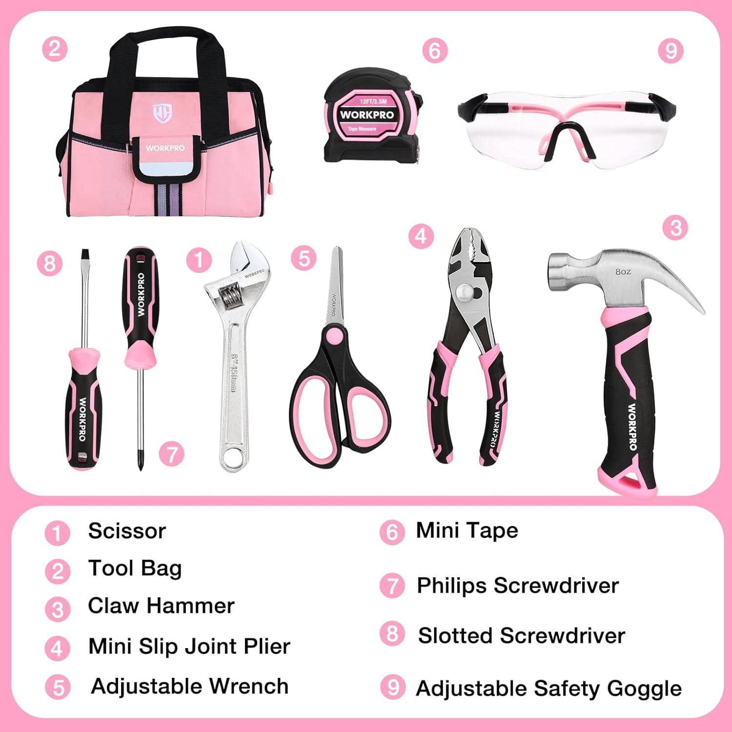 WORKPRO 9-Piece Pink Kids Hand Tool Set with Storage Bag