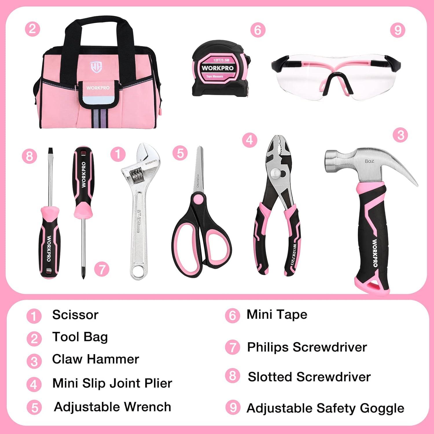 WORKPRO 9-Piece Kids Real Hand Tool Set, Pink Junior Tool Kit with Storage Bag for Boys, Girls, Children DIY Building and Woodworking, Age 8+