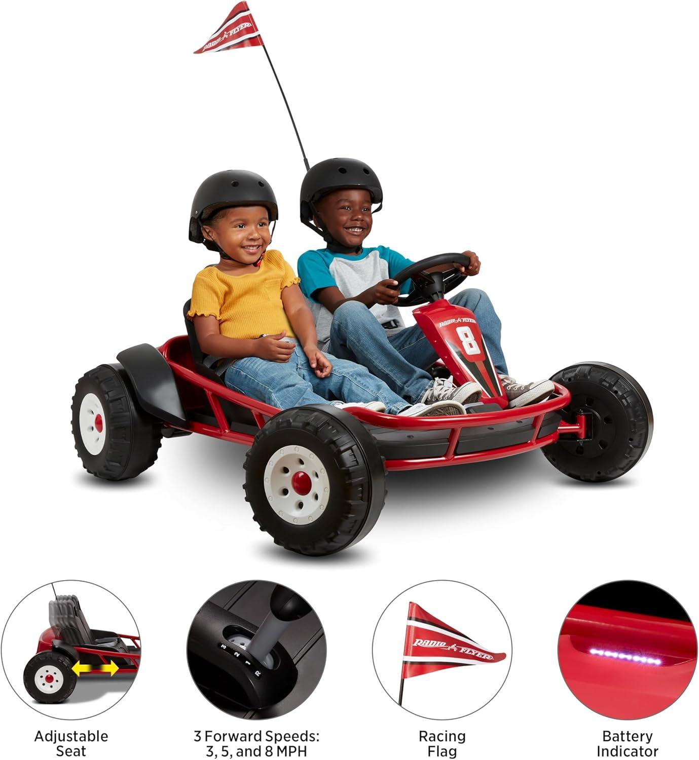 Radio Flyer Ultimate 24 Volt Electric Go-Kart with 2 Seats, Adjustable Seat, Rubber Wheels, and Speeds up to 8 MPH, for Kids Ages 3-8, Red