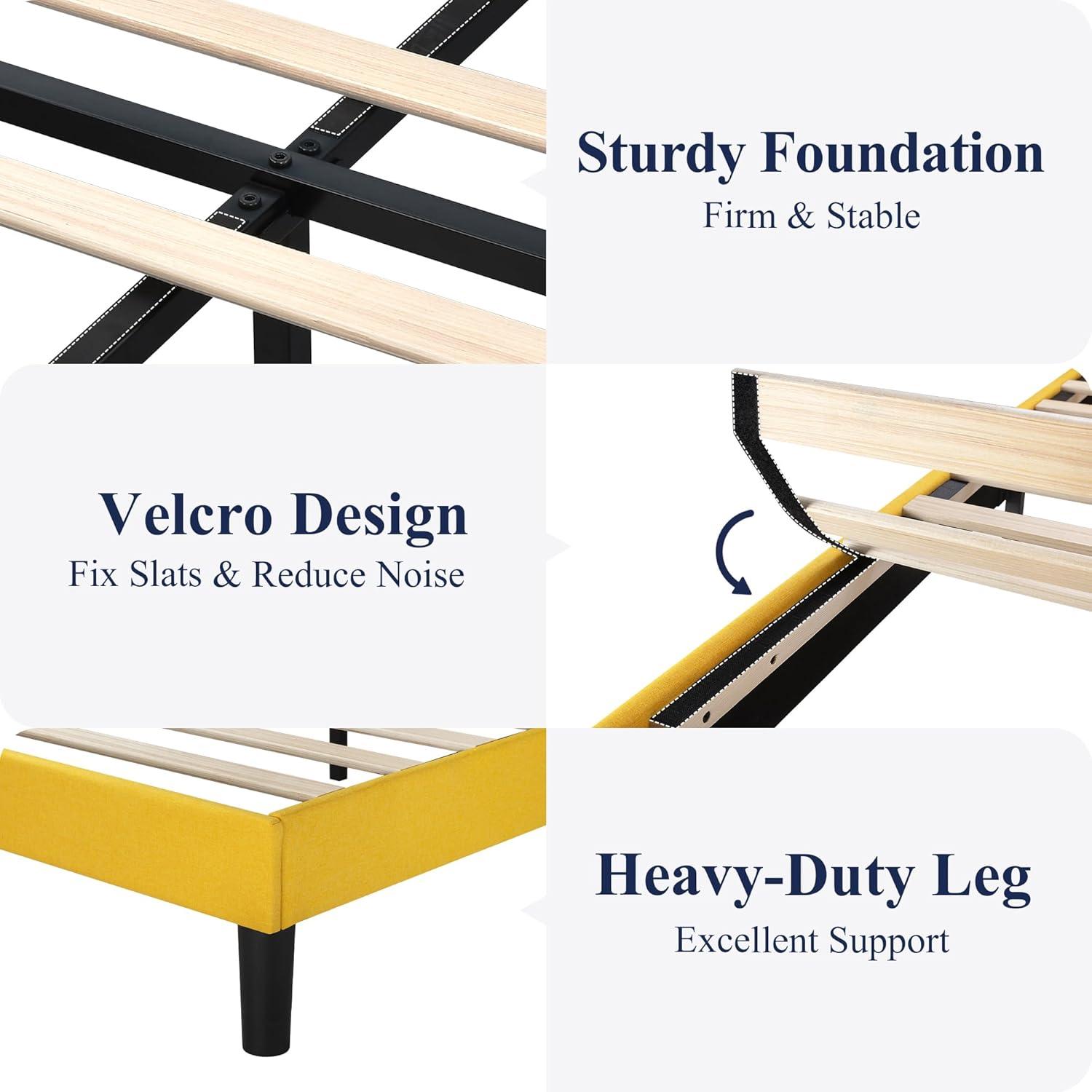 Allewie Platform Bed Frame Queen Size with Upholstered Headboard, Modern Deluxe Wingback, Wood Slat Support, Mattress Foundation, Light Yellow