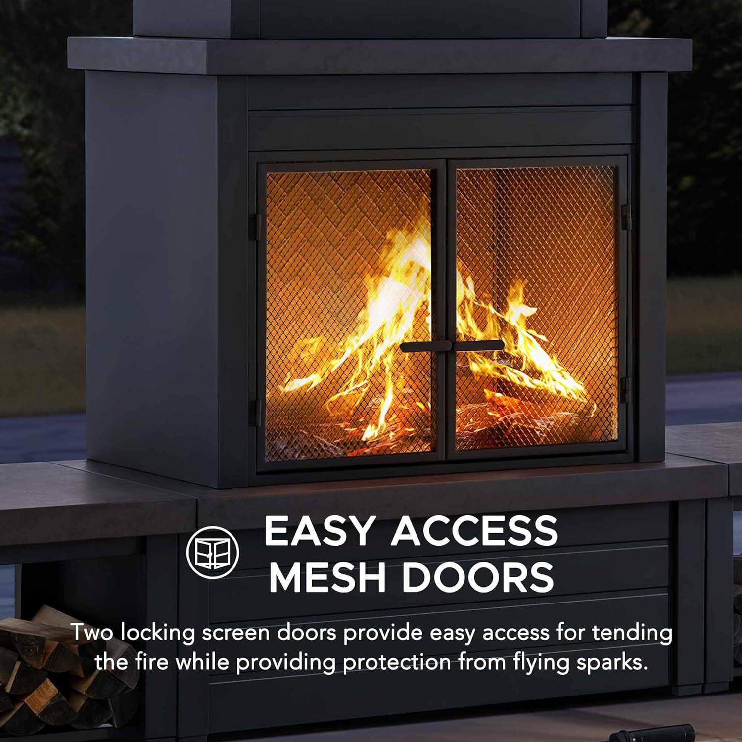 Matte Black Steel Wood-Burning Outdoor Fireplace with Chimney