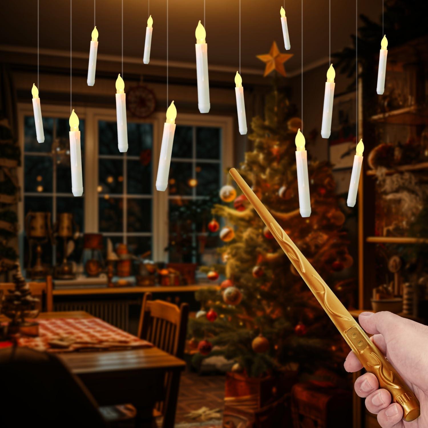 NEWEEN Set of 24 Flamelesss LED Taper Candles with Warm White Flickering Flame Light, Battery Operated Floating Candles, LED Taper Handheld Candlesticks for Church Party Halloween Decorations