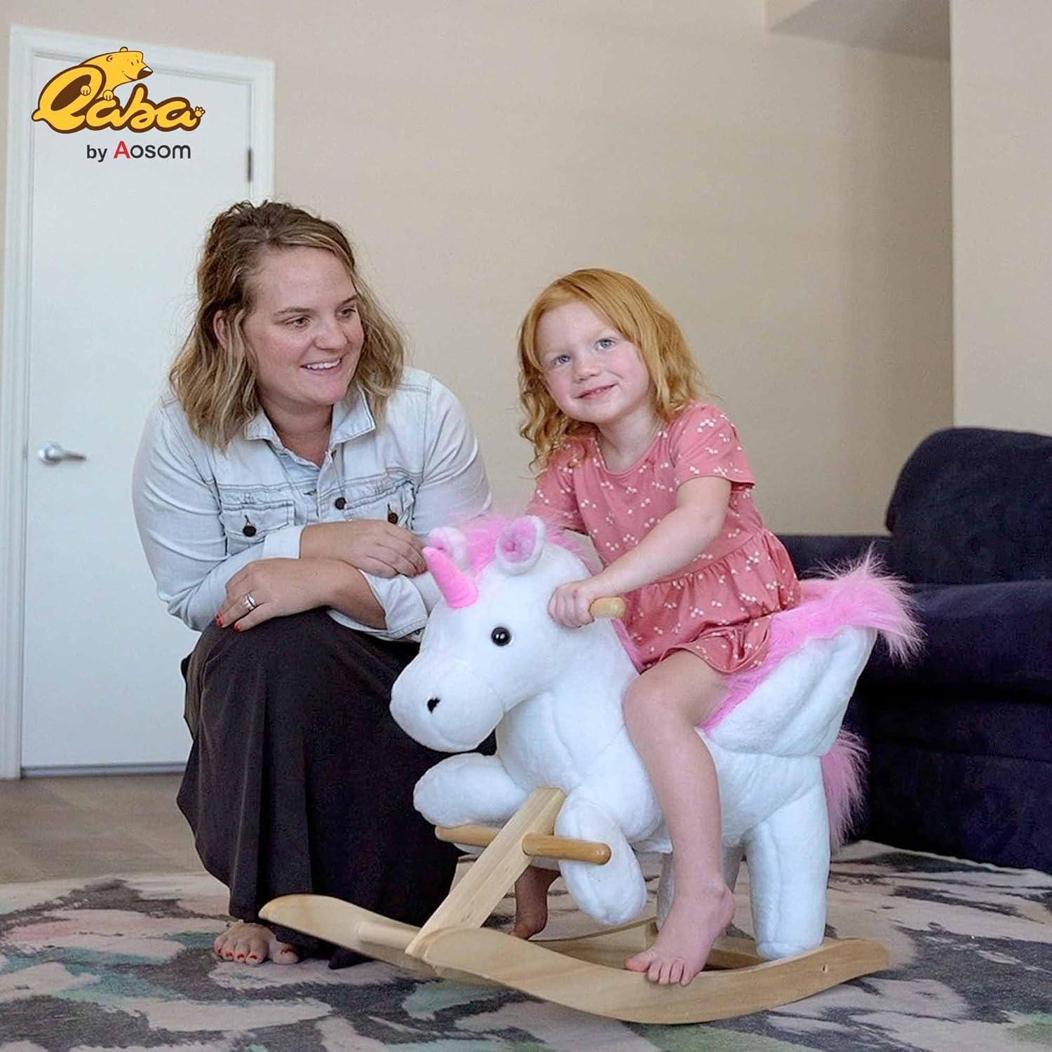 Qaba Kids Rocking Horse, Wooden Plush Ride-On Unicorn Chair Toy with Lullby Song for 18-36 months children