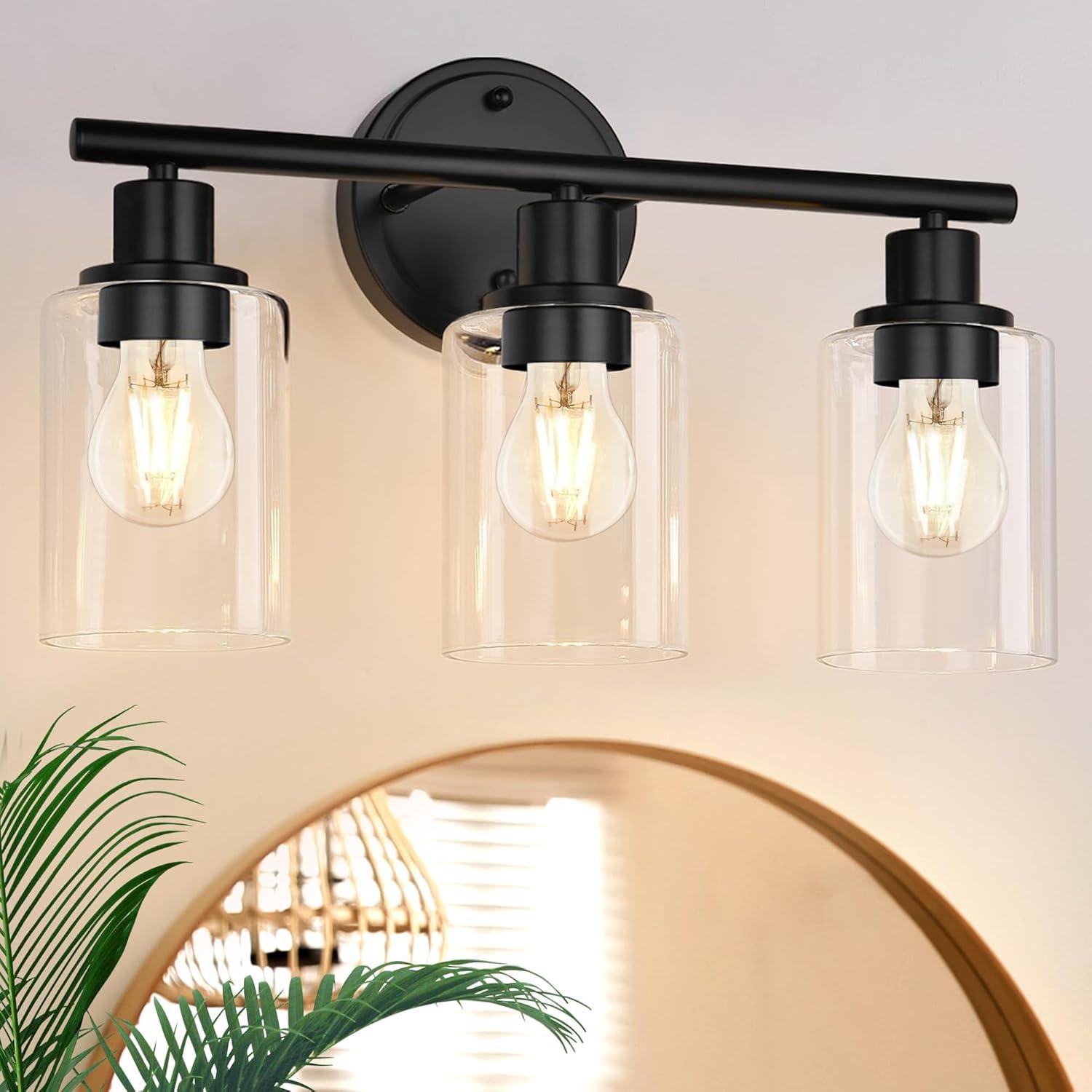 3-Light Bathroom Light Fixtures Bathroom Vanity Lights with Clear Glass Shades Matte Black Bathroom Light Fixtures over mirror for Mirror Living Room Cabinet Bedroom Porch