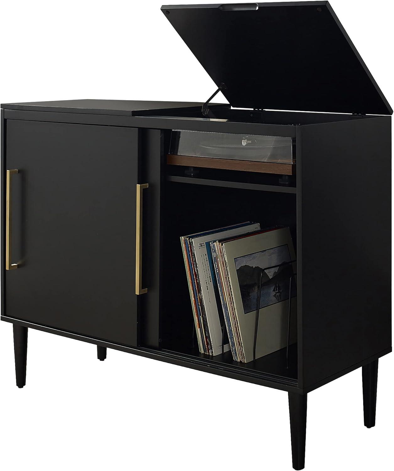 Everett Media Console Matte Black - Crosley: Hinged Lid, Hardwood, Wire Dividers