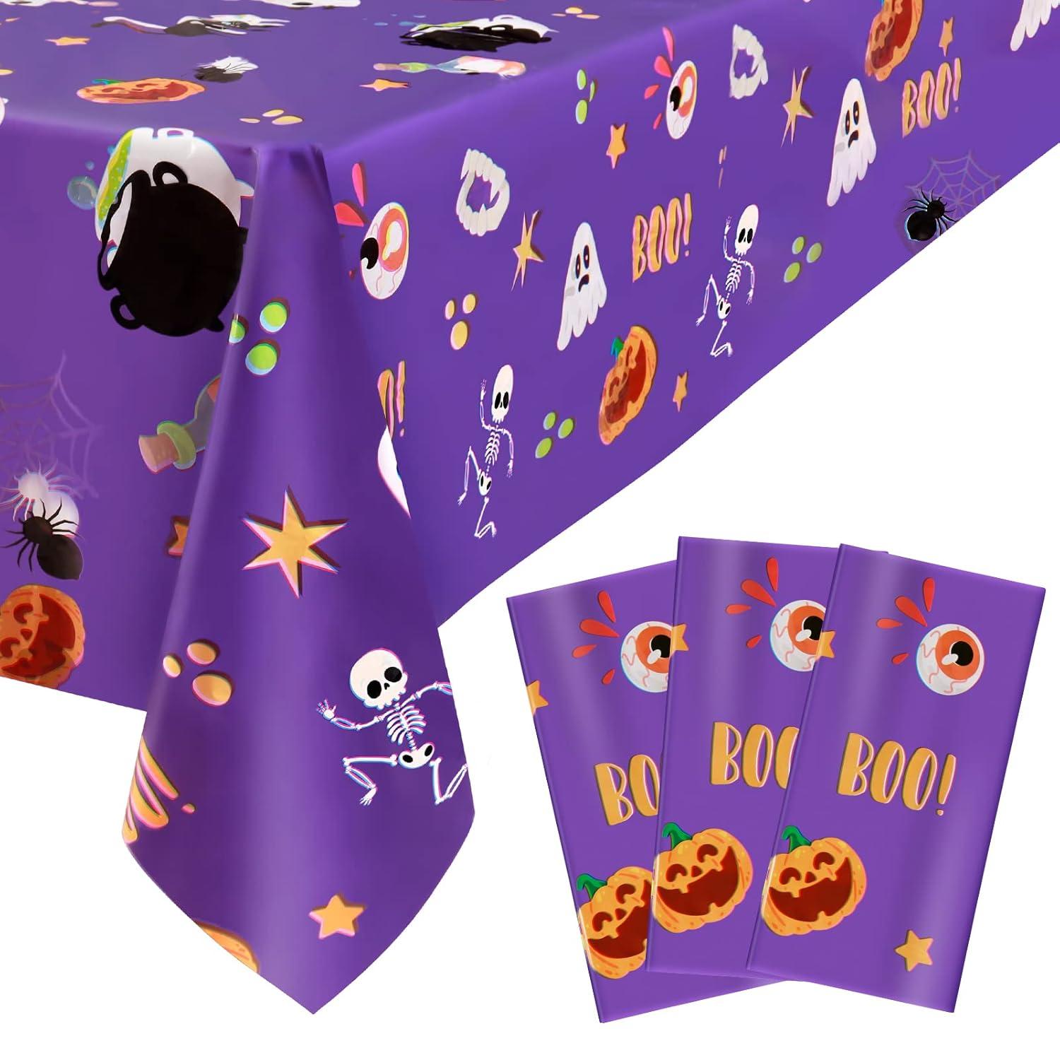 Juvale 3-Pack Halloween Table Cover for Party Supplies, Purple Disposable Plastic Tablecloth Decorations, Halloween Table Decorations for Themed Parties, Birthday Celebrations and More (54 x 108 In)
