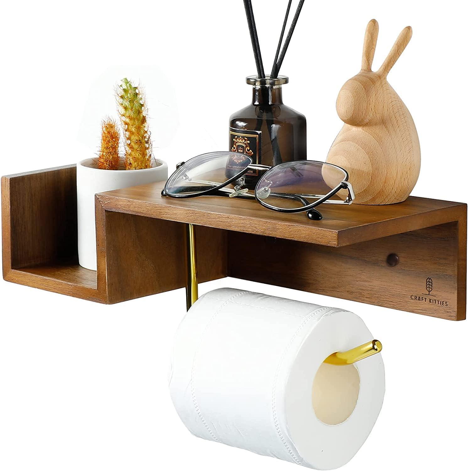 Walnut Wood Wall-Mounted Toilet Paper Holder with Shelf