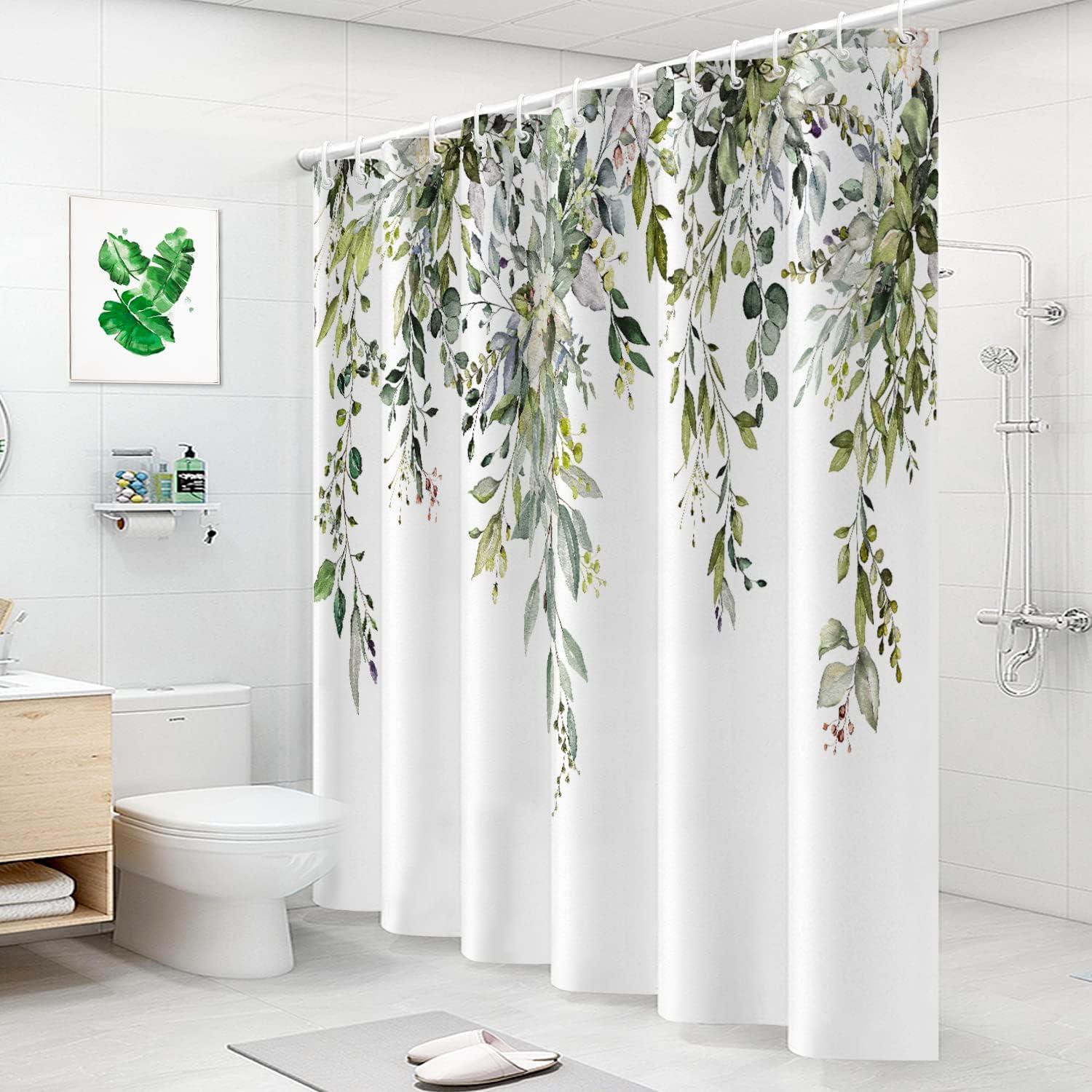 Eucalyptus Watercolor Leaves Semi-Sheer Waterproof Shower Curtain